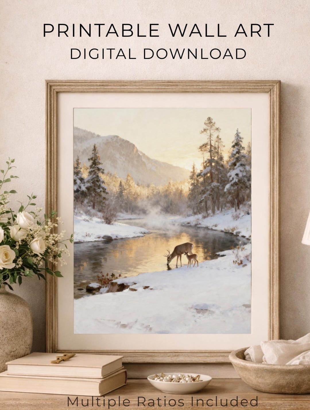 Deer Wall Art Print, Winter Landscape Rustic Lodge Wall Decor (JPG ...