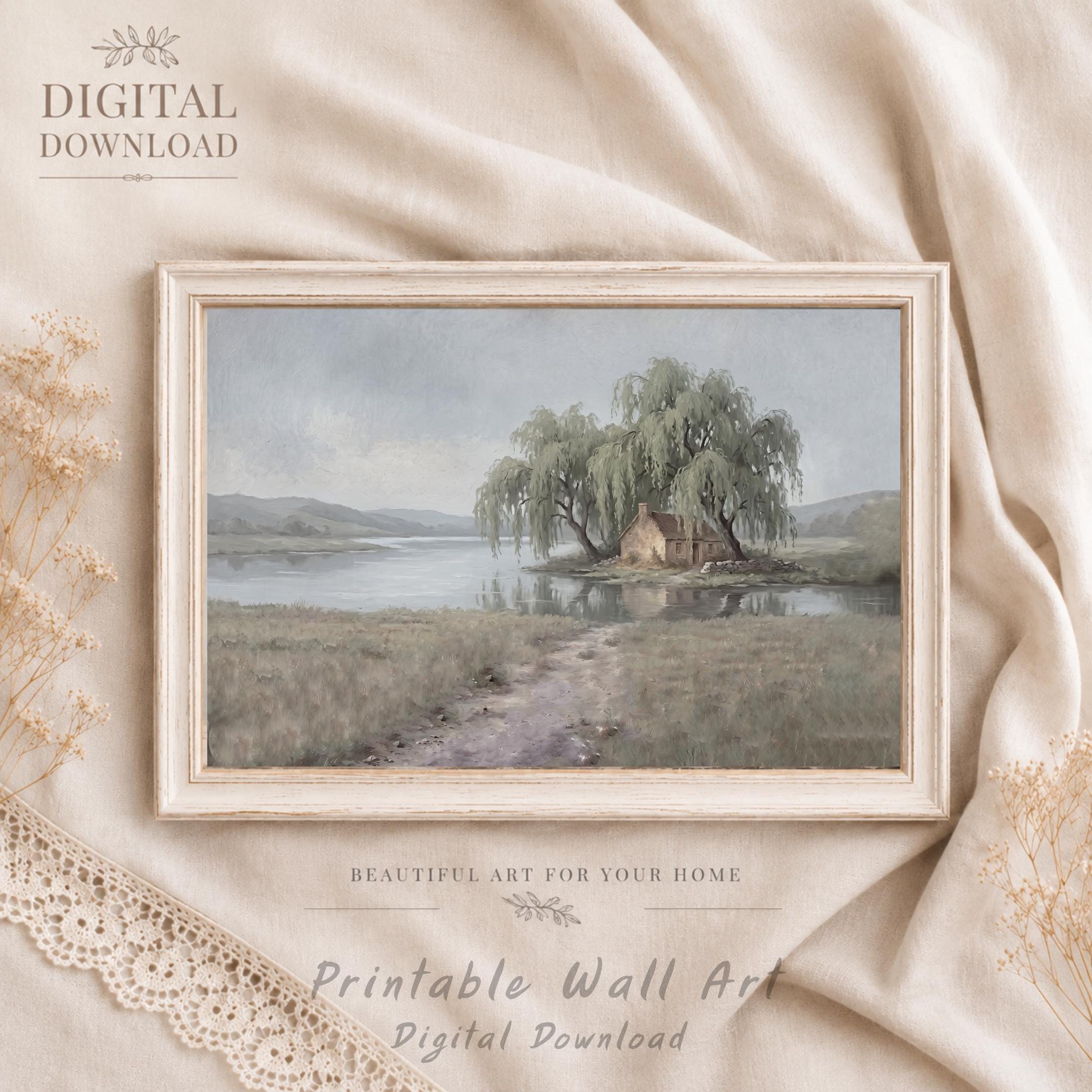Cottage Lake Landscape Wall Art, Rustic Willow Tree Farmhouse Print (Digital Download) — image 7