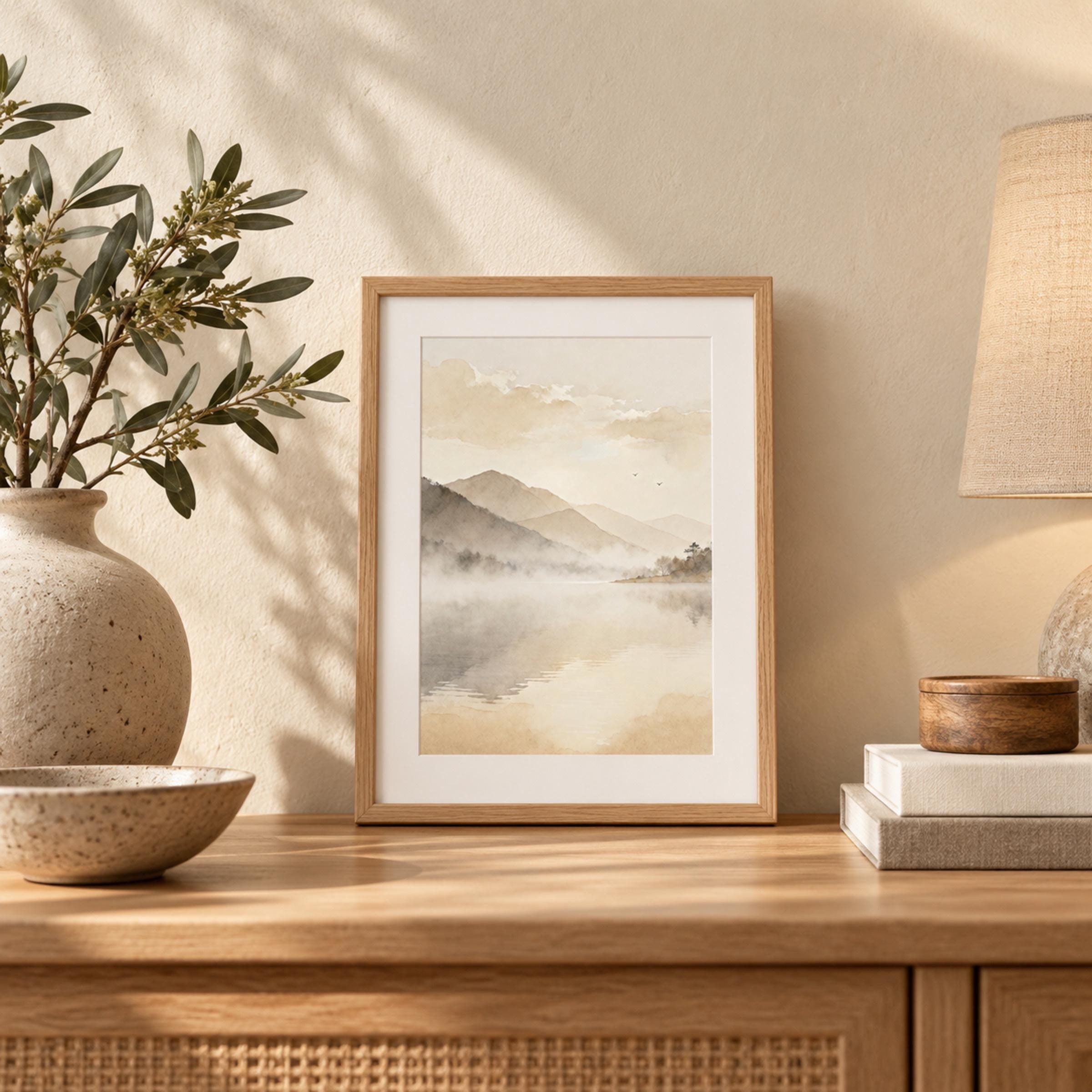 Neutral Misty Mountain Lake Printable Wall Art, Minimal Landscape Serene Bedroom Decor Digital Download — image 5