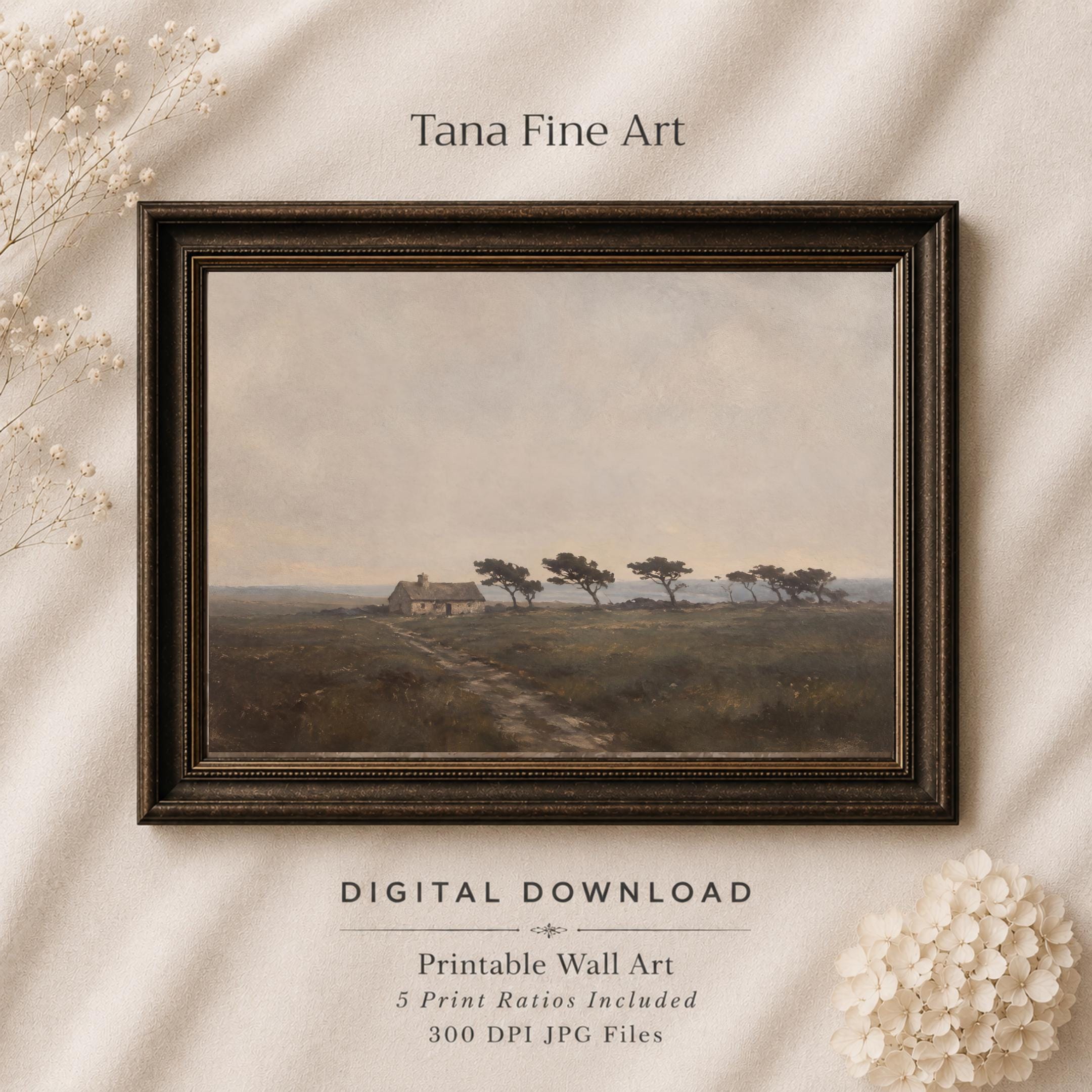Vintage Stone Cottage Printable Wall Art, Windswept Trees Landscape, Neutral Rustic Countryside Digital Download