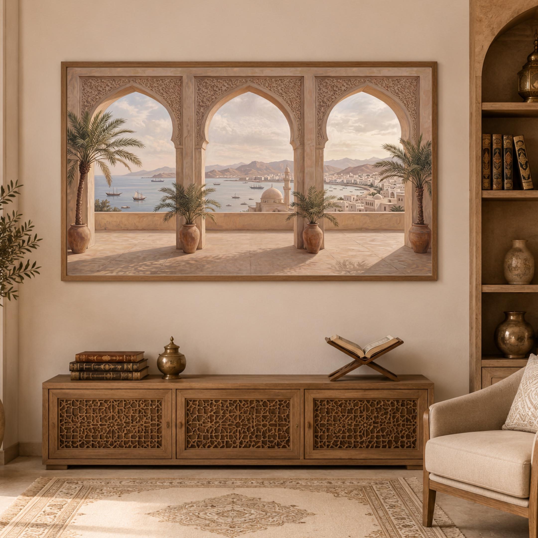 Mediterranean Arch Frame TV Art, Coastal Mosque Mountain View, Warm Neutral 4K Digital Download — image 6