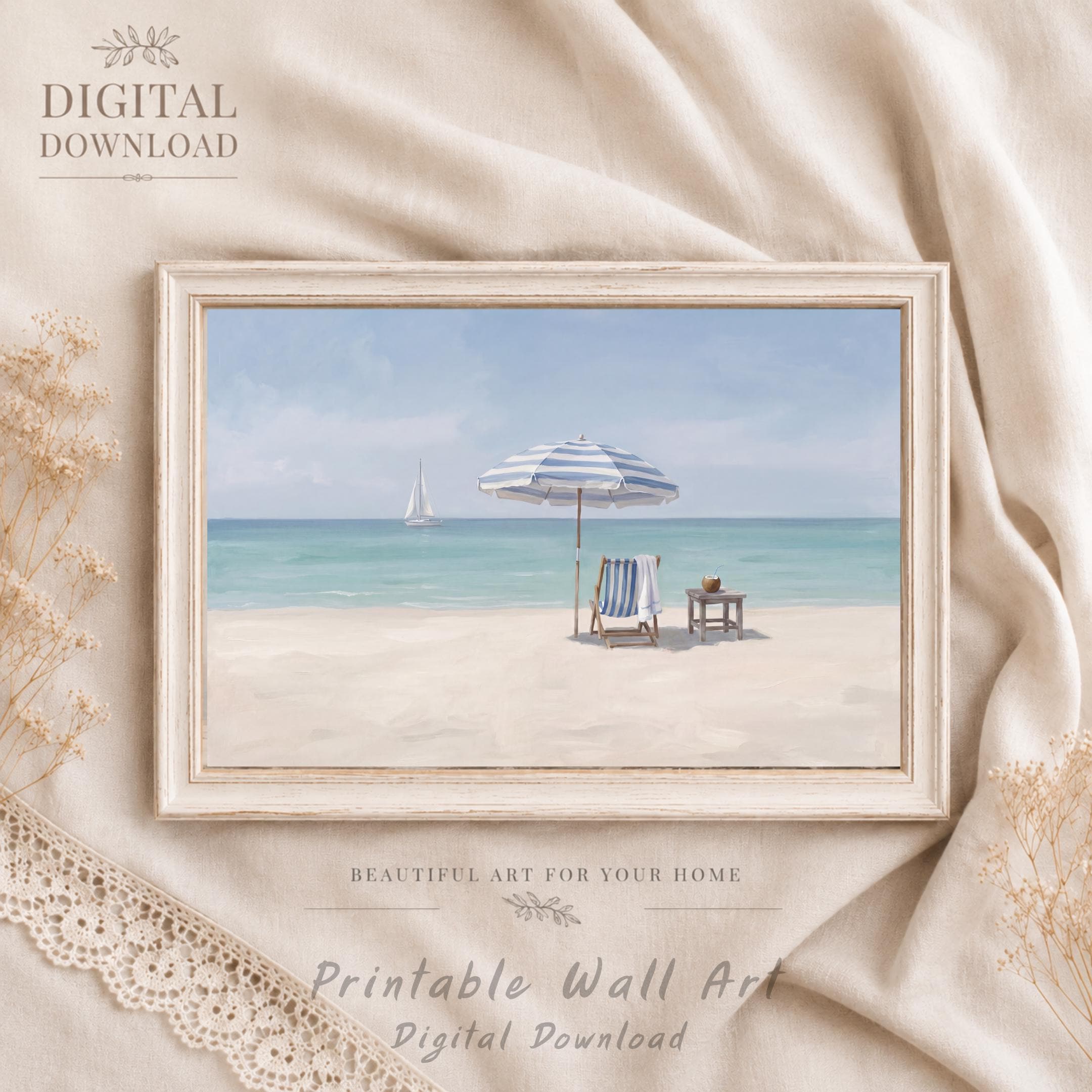 Coastal Beach Wall Art, Minimal Summer Ocean, Blue White Beach House Decor (Digital Download)