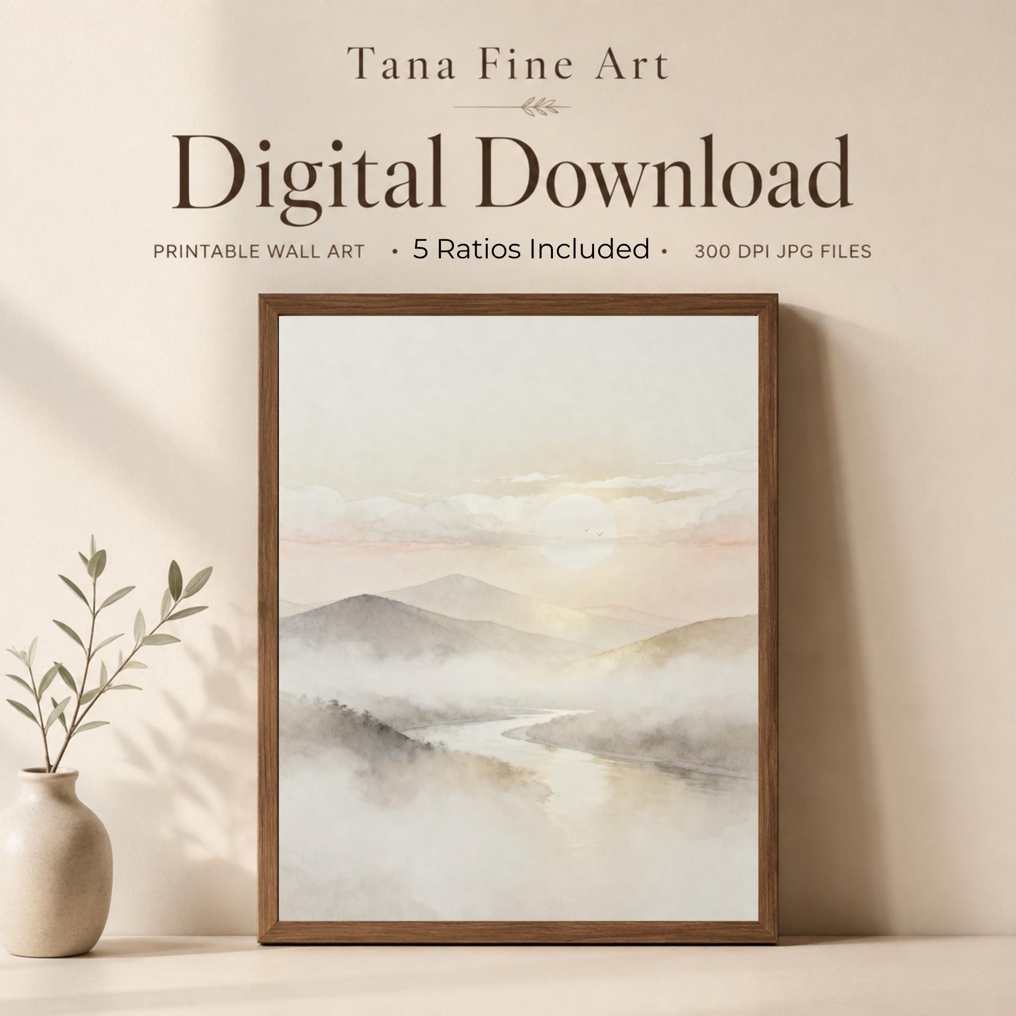 Neutral Mountain River Printable Wall Art, Misty Watercolor Landscape, Japandi Decor Digital Download