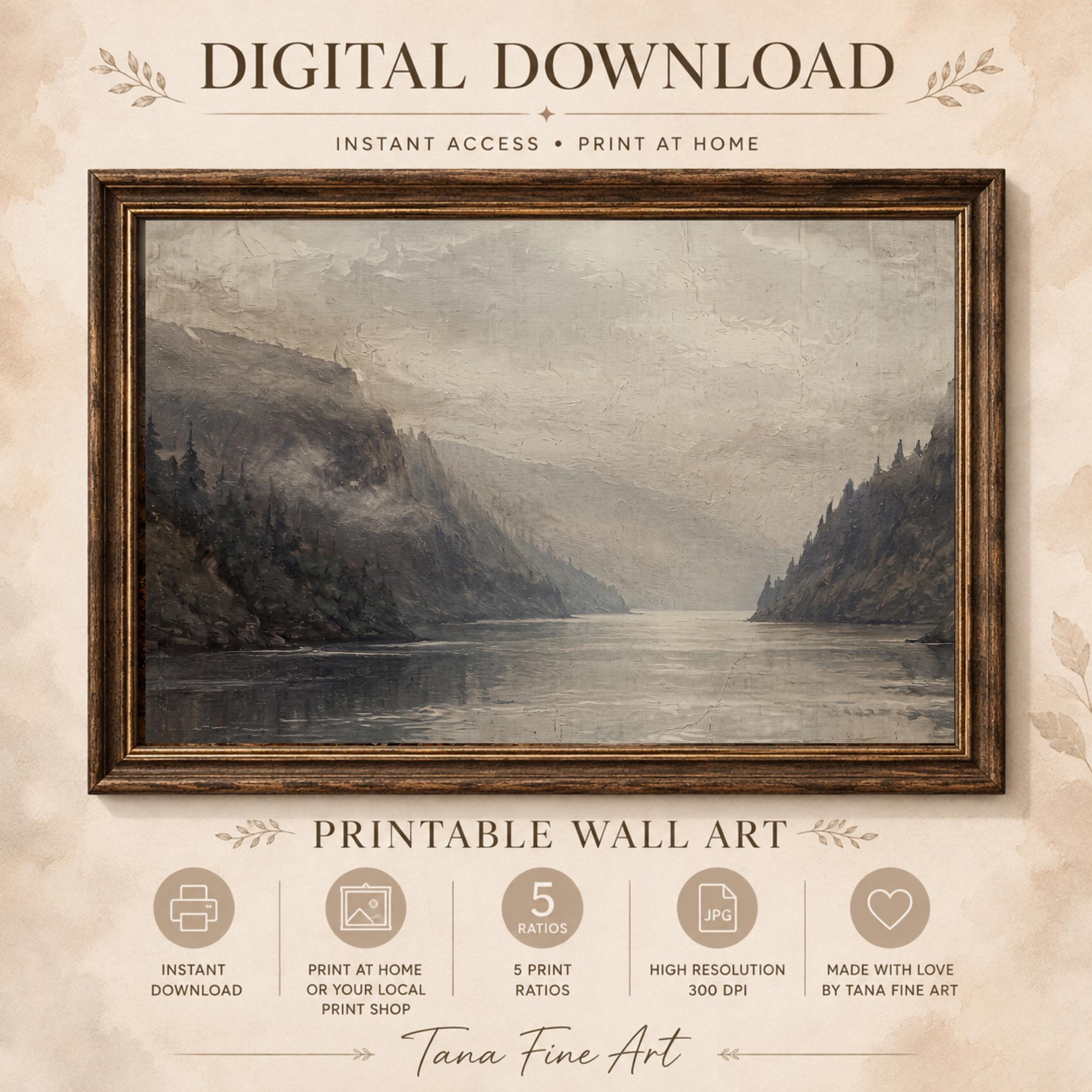 Misty Mountain Lake Printable Wall Art, Neutral Alpine Valley Landscape, Cabin Decor Digital Download — image 9