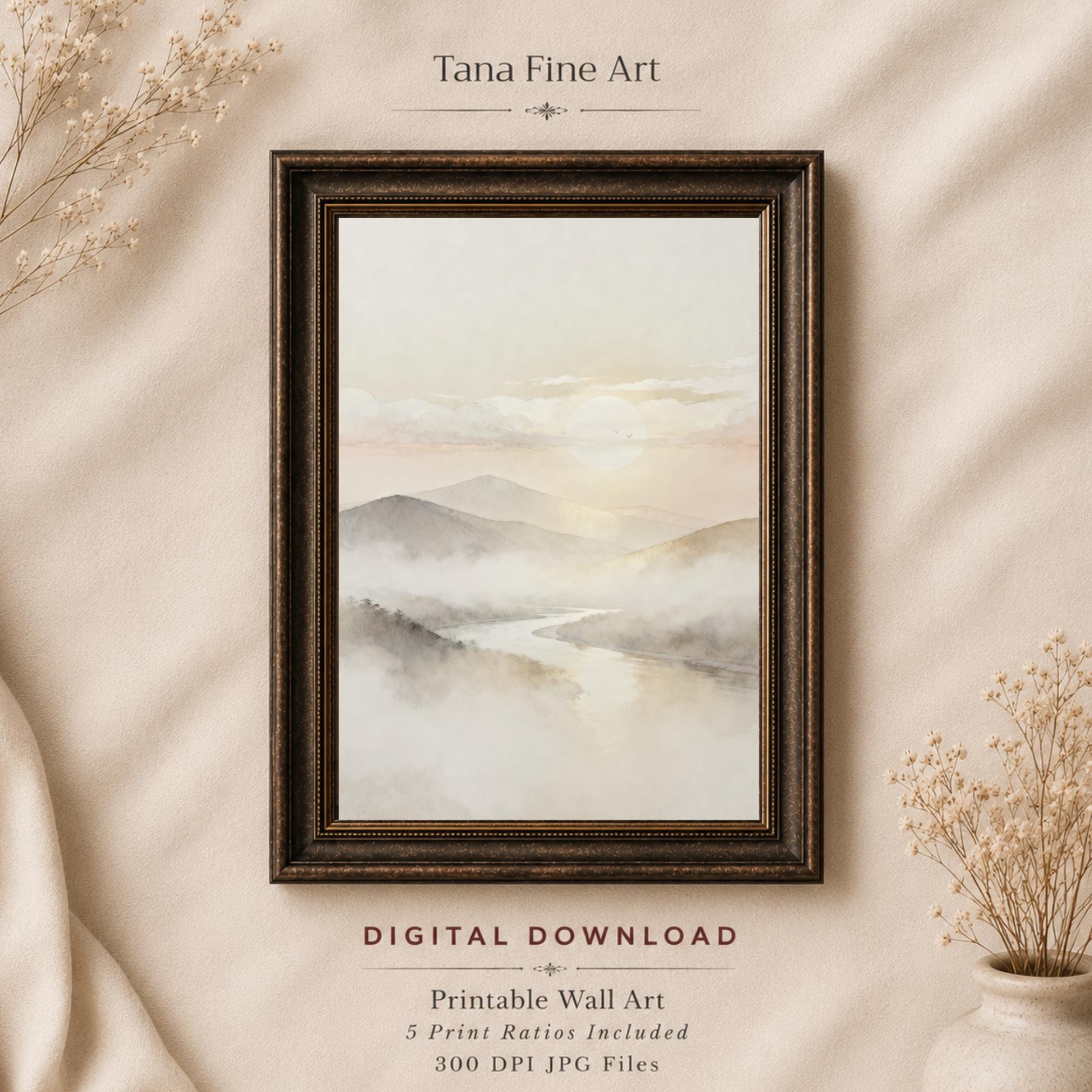 Neutral Mountain River Printable Wall Art, Misty Watercolor Landscape, Japandi Decor Digital Download — image 7