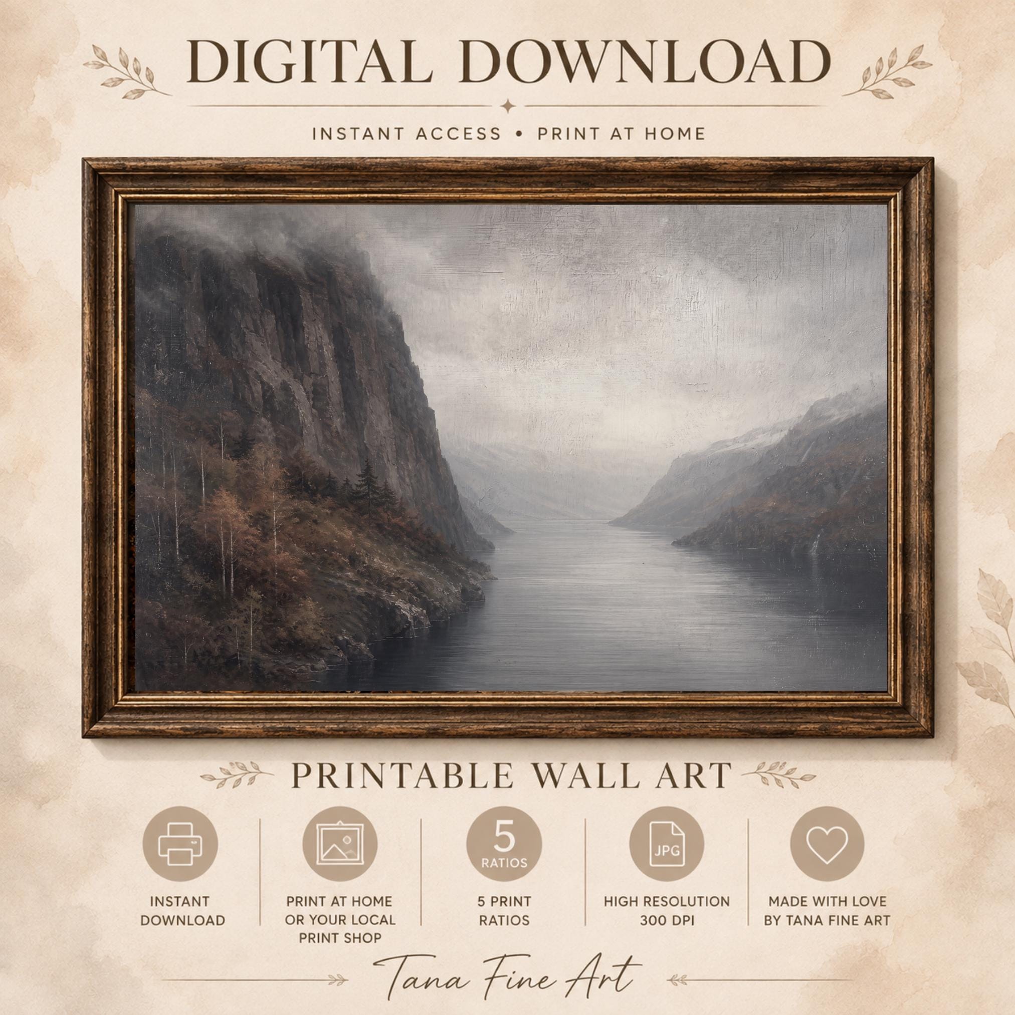Moody Mountain Lake Printable Wall Art, Autumn Landscape Painting, Rustic Decor Digital Download — image 7