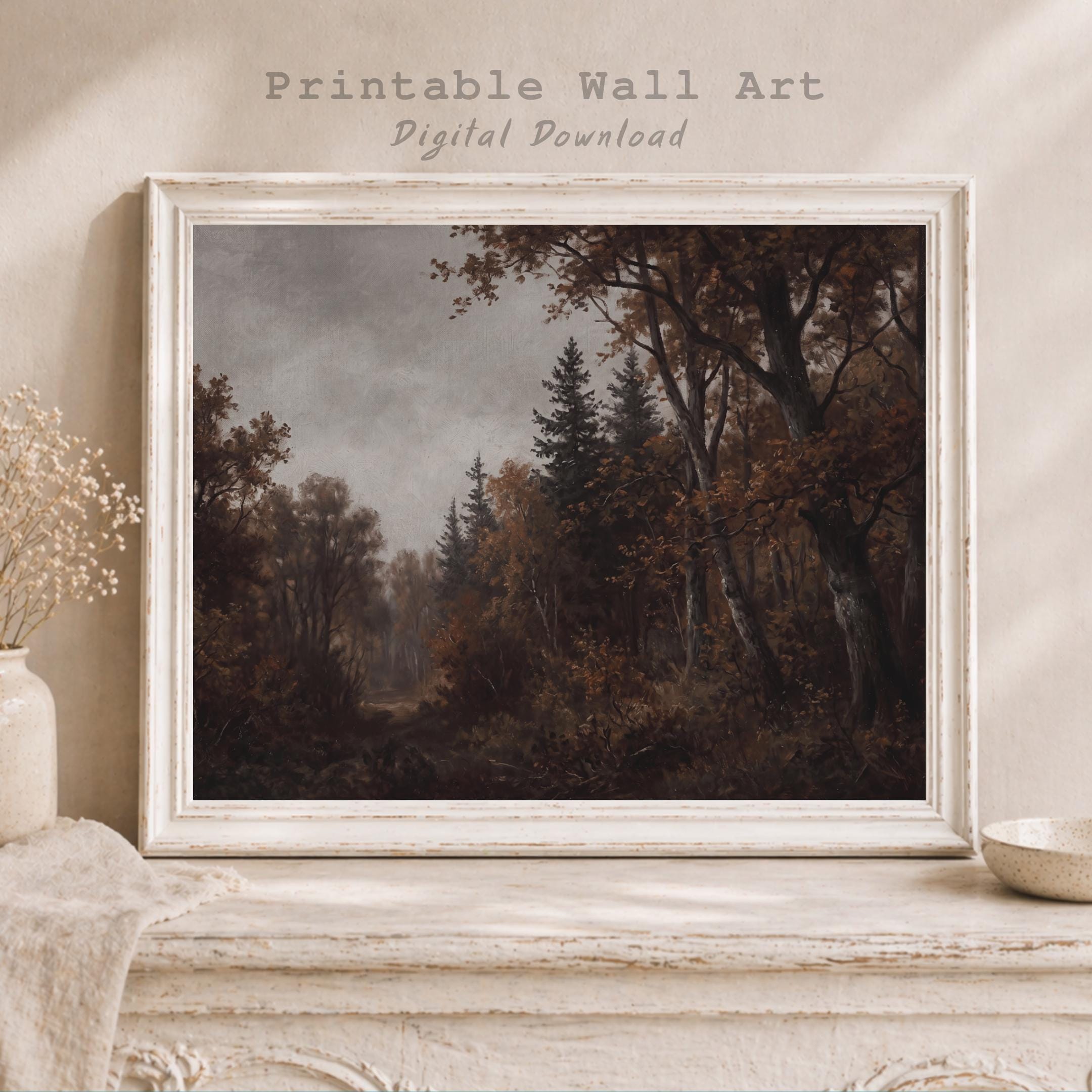 Moody Forest Print, Dark Autumn Woodland Vintage Landscape, Vintage Fall Decor (Digital Download)