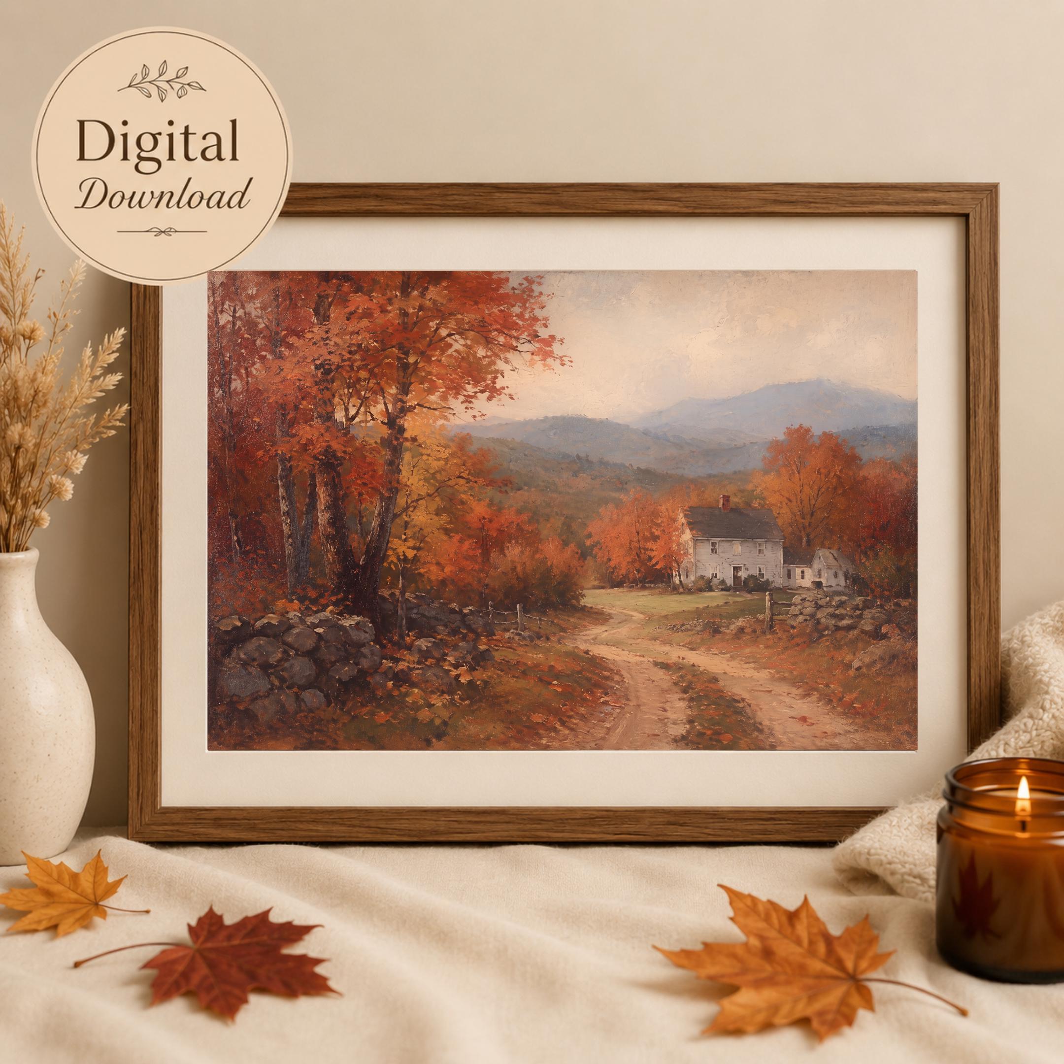 Vintage Fall Cottage Wall Art, New England Autumn Landscape, Rustic Farmhouse Decor Digital Download — image 7