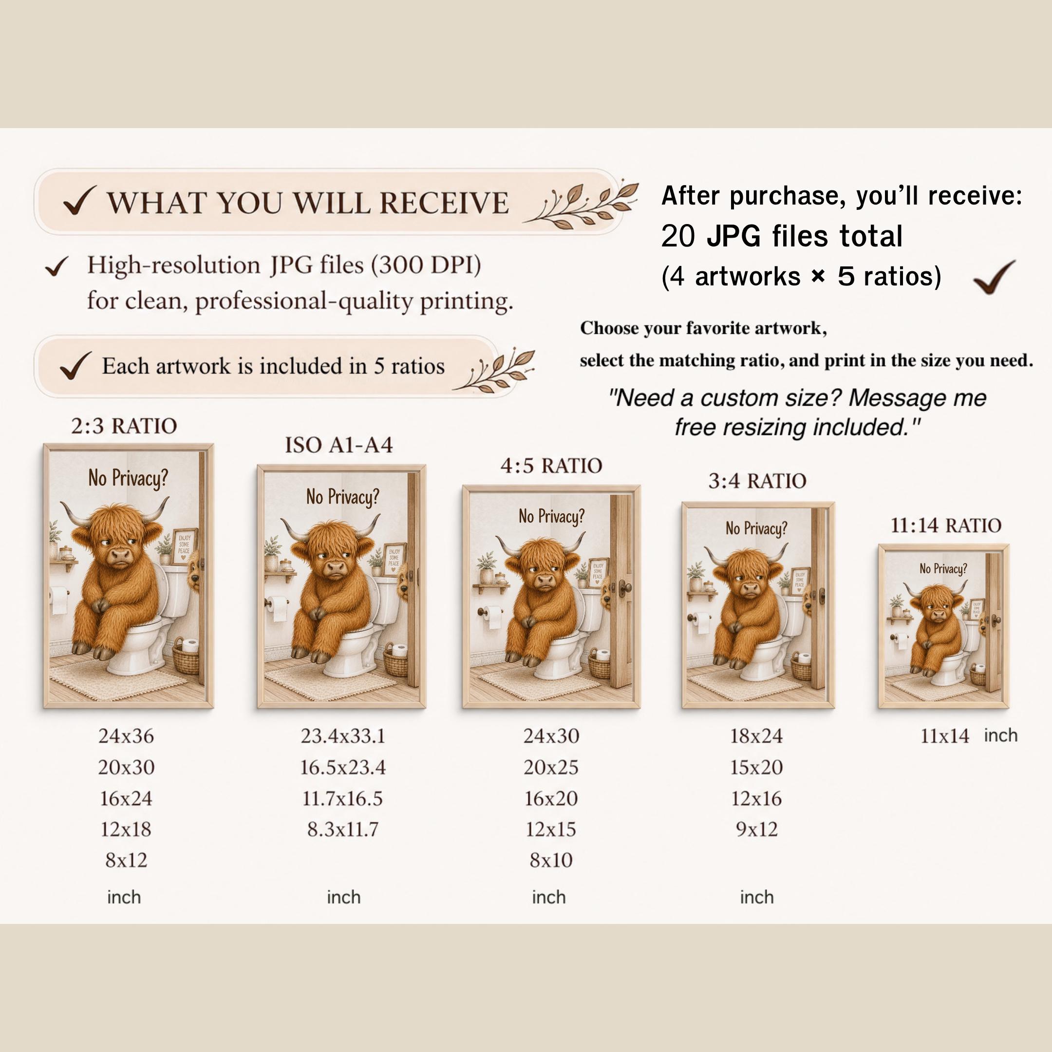 Highland Cow Boy Bathroom Prints Set of 4, Rustic Farmhouse Toilet Decor Digital Download — image 10