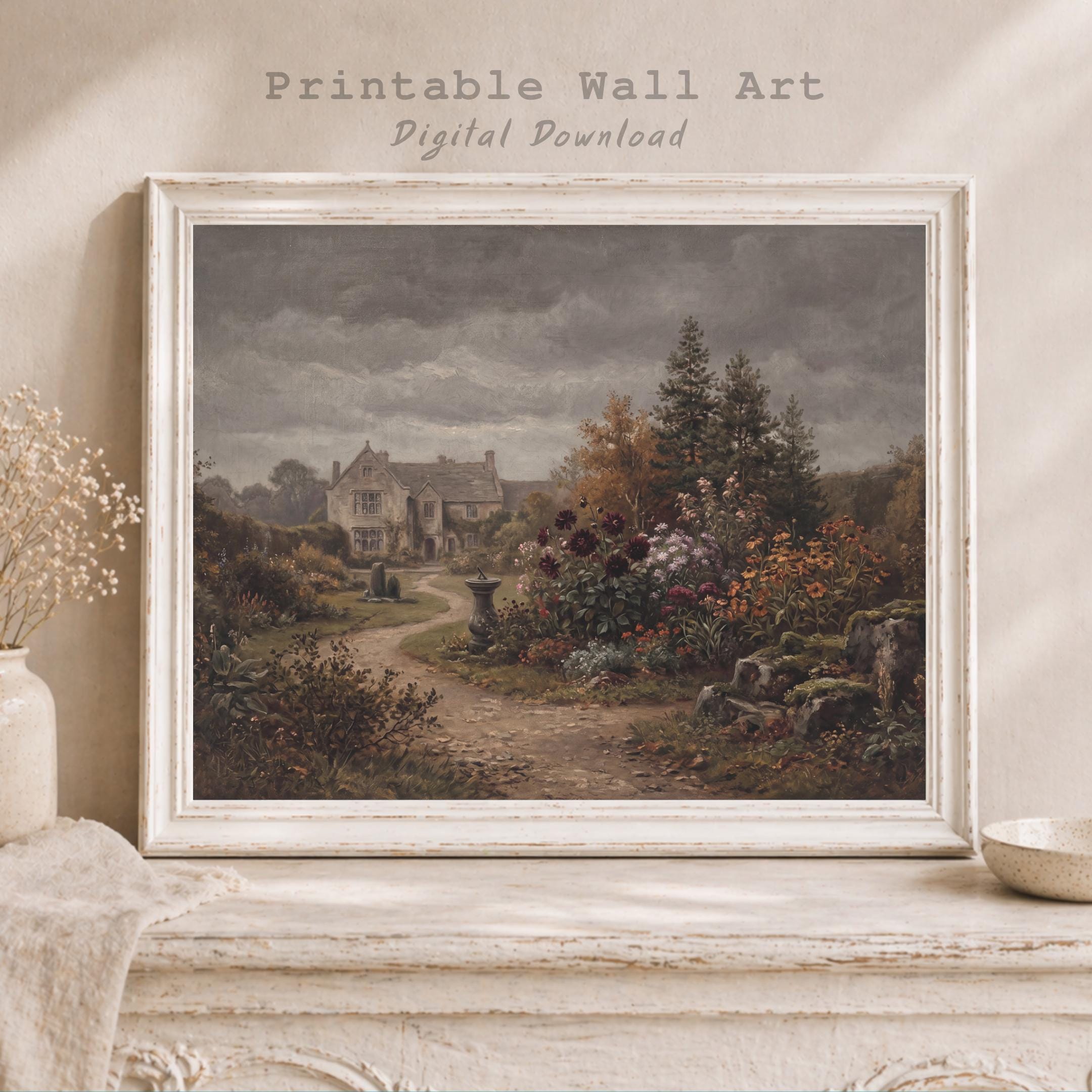 Moody Fall English Garden Art, Rustic Landscape Print, Vintage Cottage Manor (Digital Download) — image 6