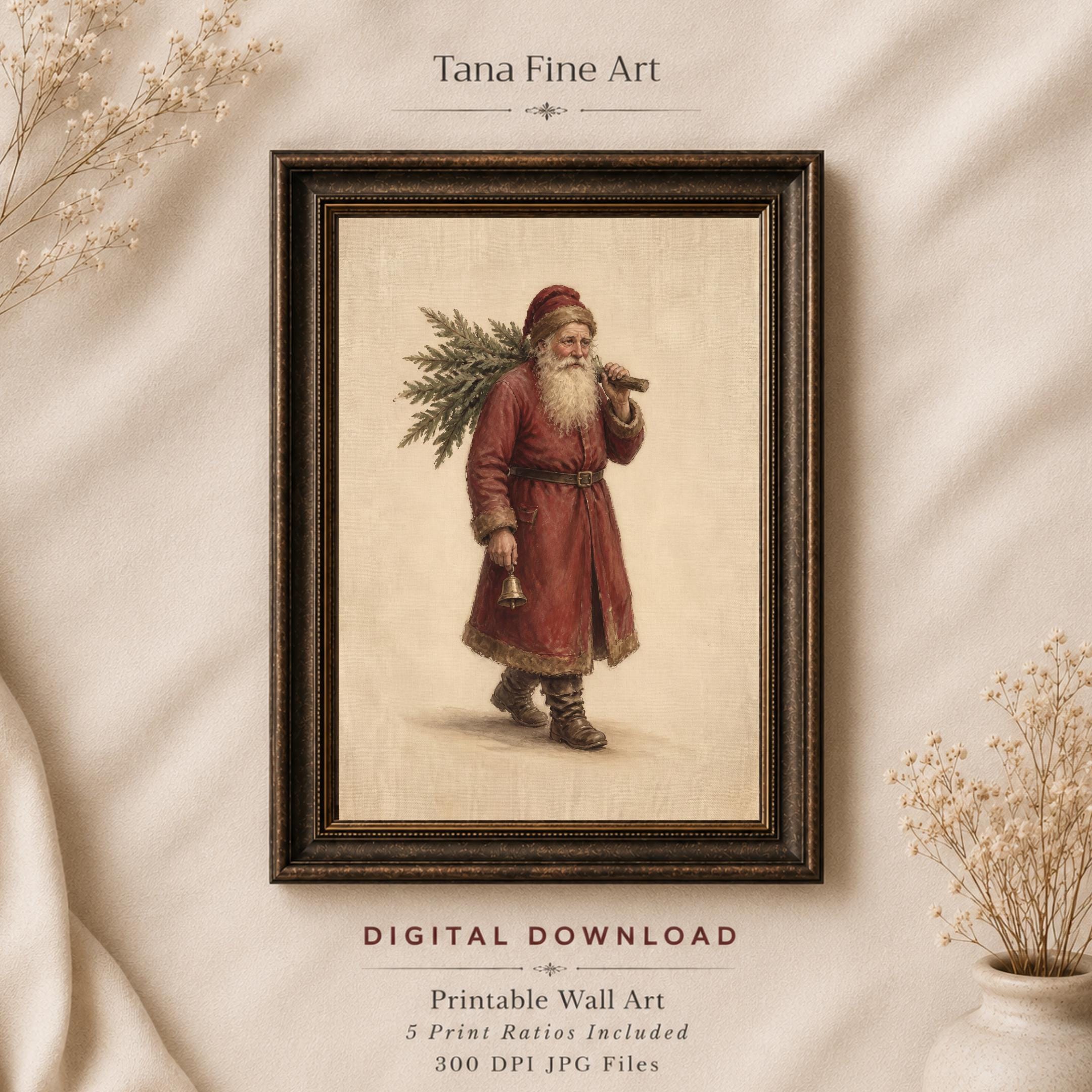 Vintage Santa Carrying Christmas Tree Printable Wall Art, Old World Holiday Digital Download — image 6