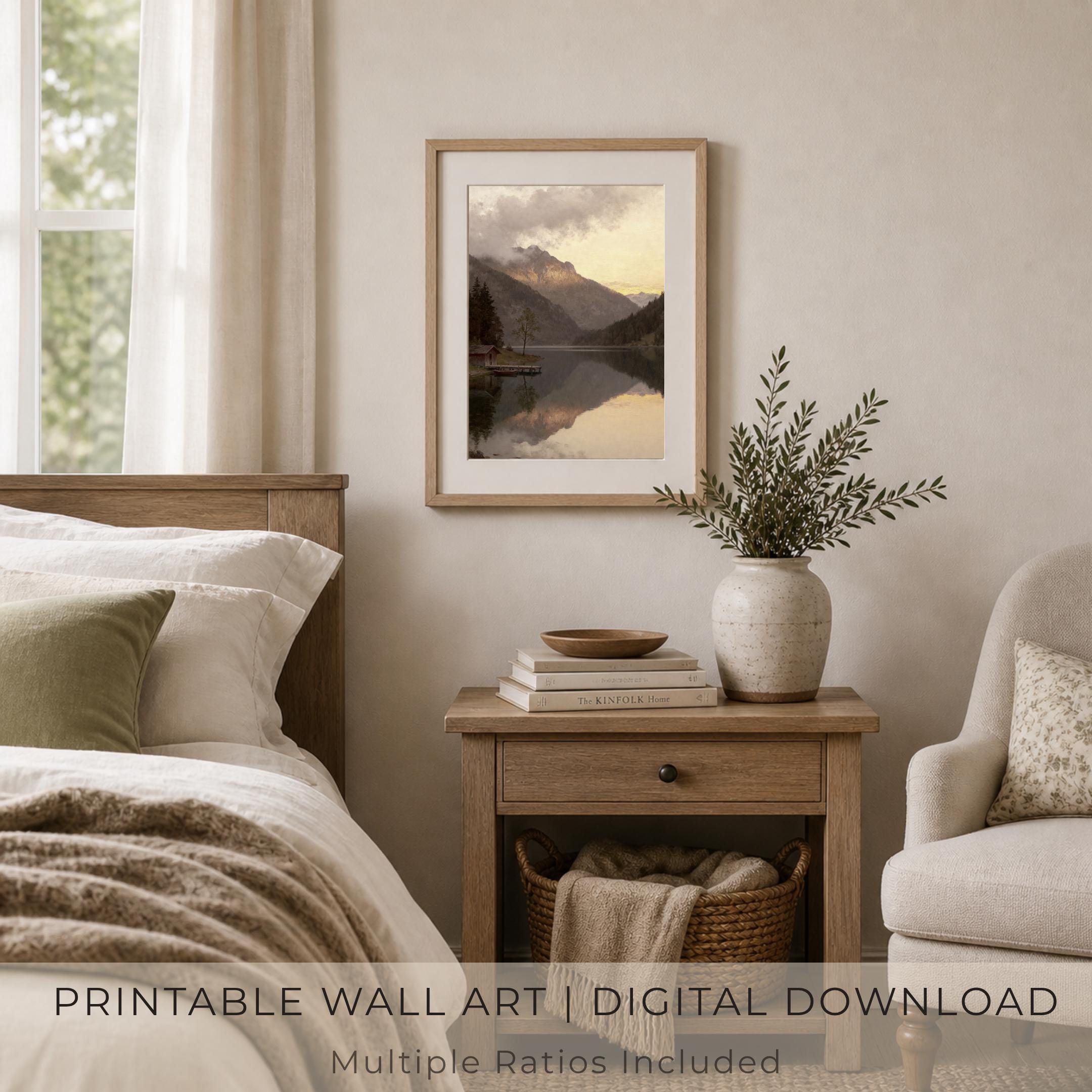 Mountain Cabin Lake Wall Art Print | Muted Landscape Printable | Rustic Nature Decor, Digital Download — image 3