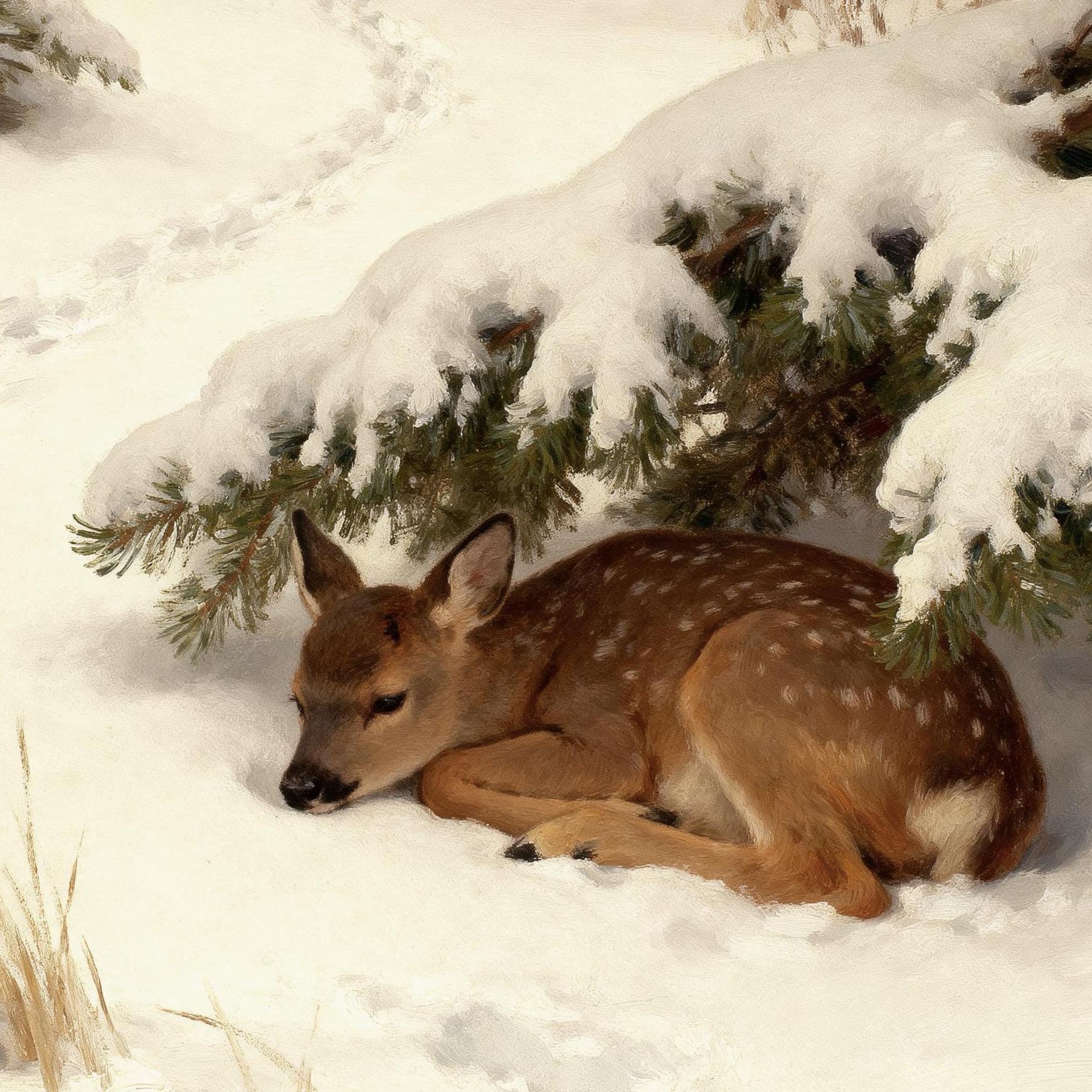Sleeping Fawn beneath Snowy Pine Branches — image 7