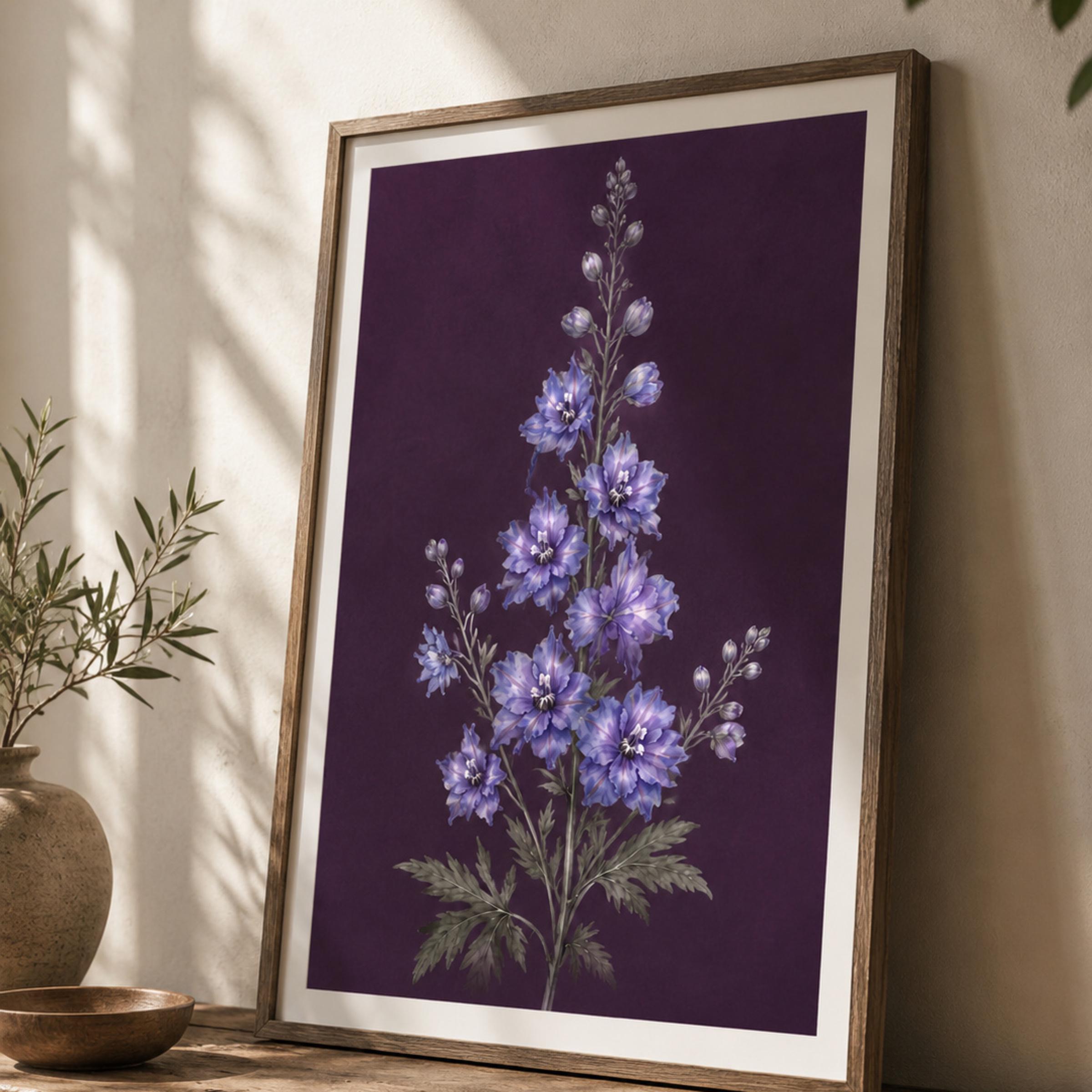 Dark July Birth Flower Print | Larkspur Wall Art | Dark Botanical Digital Download — image 2