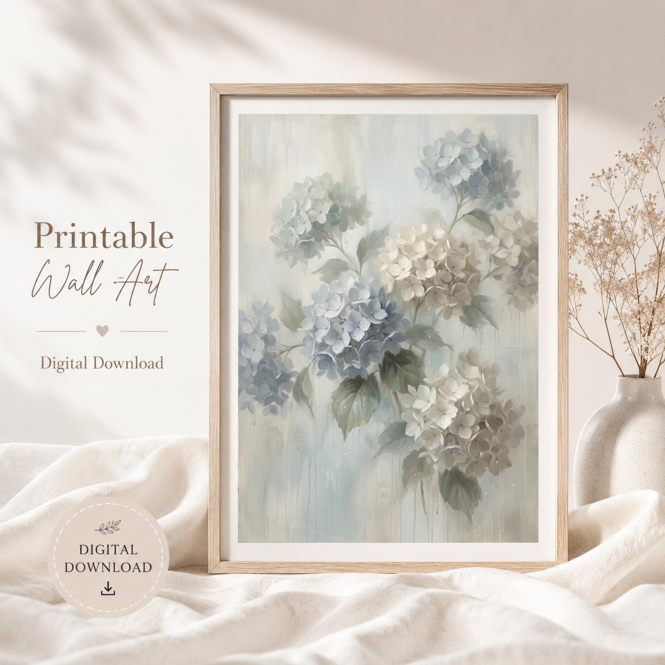Blue Hydrangea Wall Art Printable | Neutral Floral Soft Botanical Decor (Digital Download) — image 3
