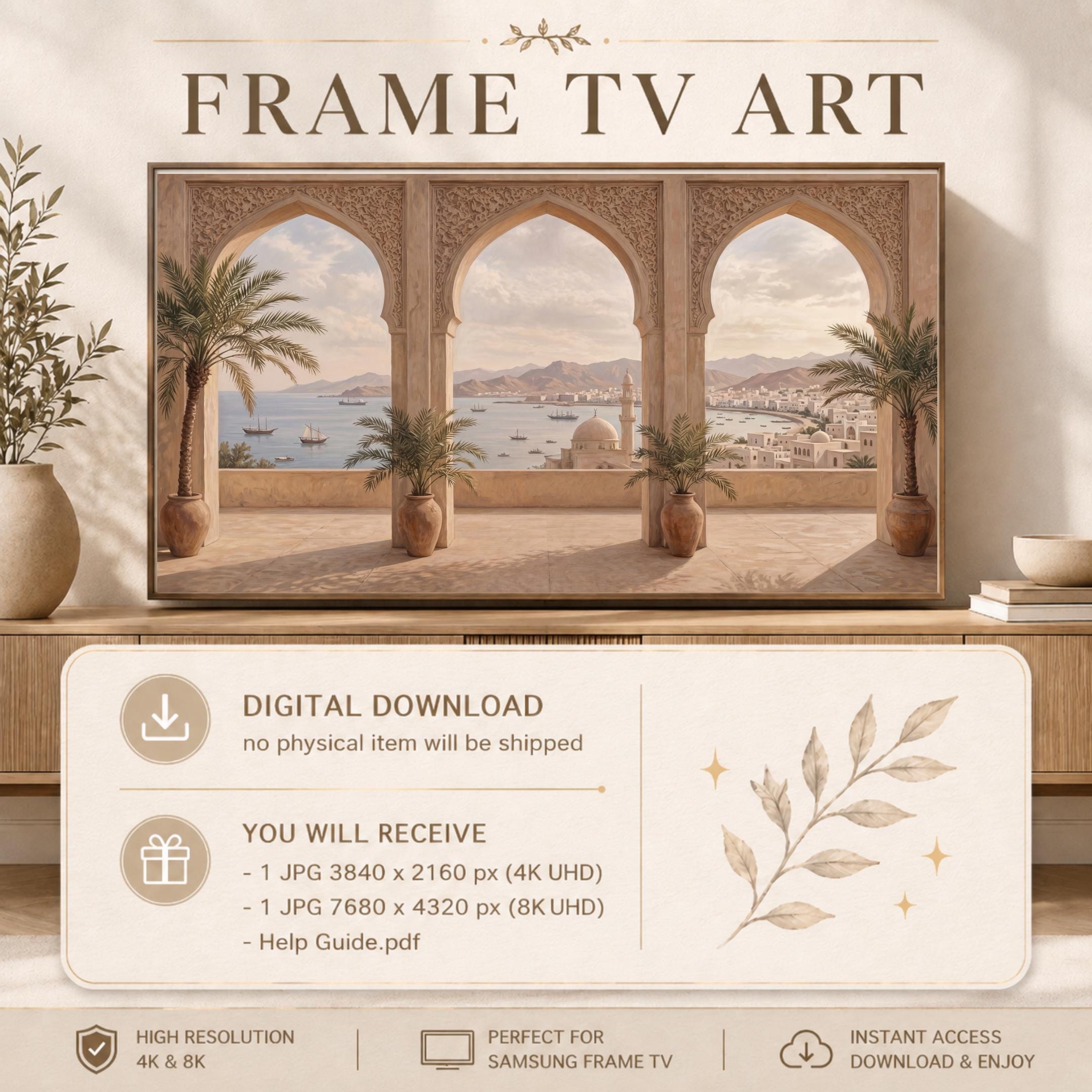 Mediterranean Arch Frame TV Art, Coastal Mosque Mountain View, Warm Neutral 4K Digital Download — image 4