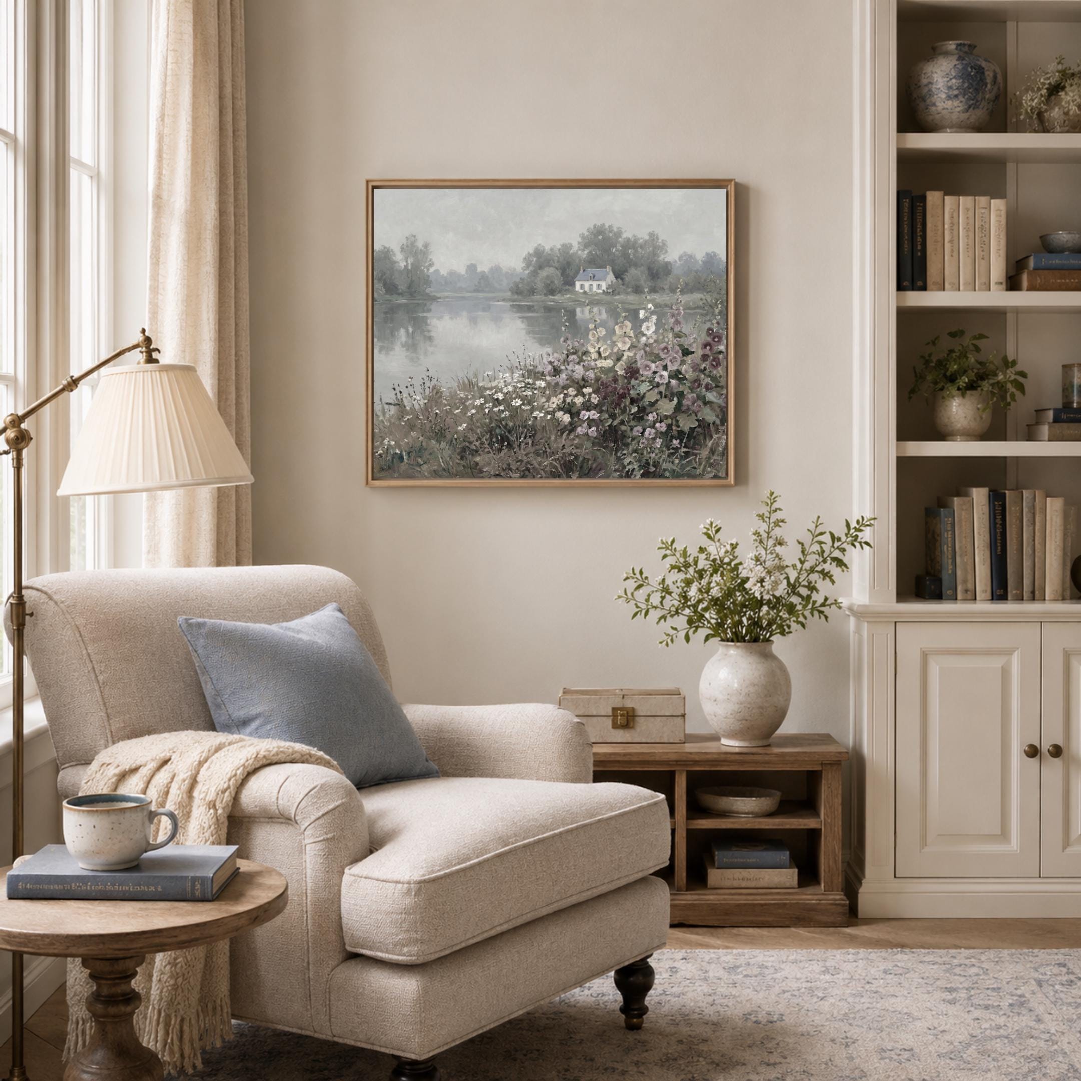 Lakeside Cottage Garden Wall Art, Romantic Floral Landscape, French Country Decor Digital Download — image 5