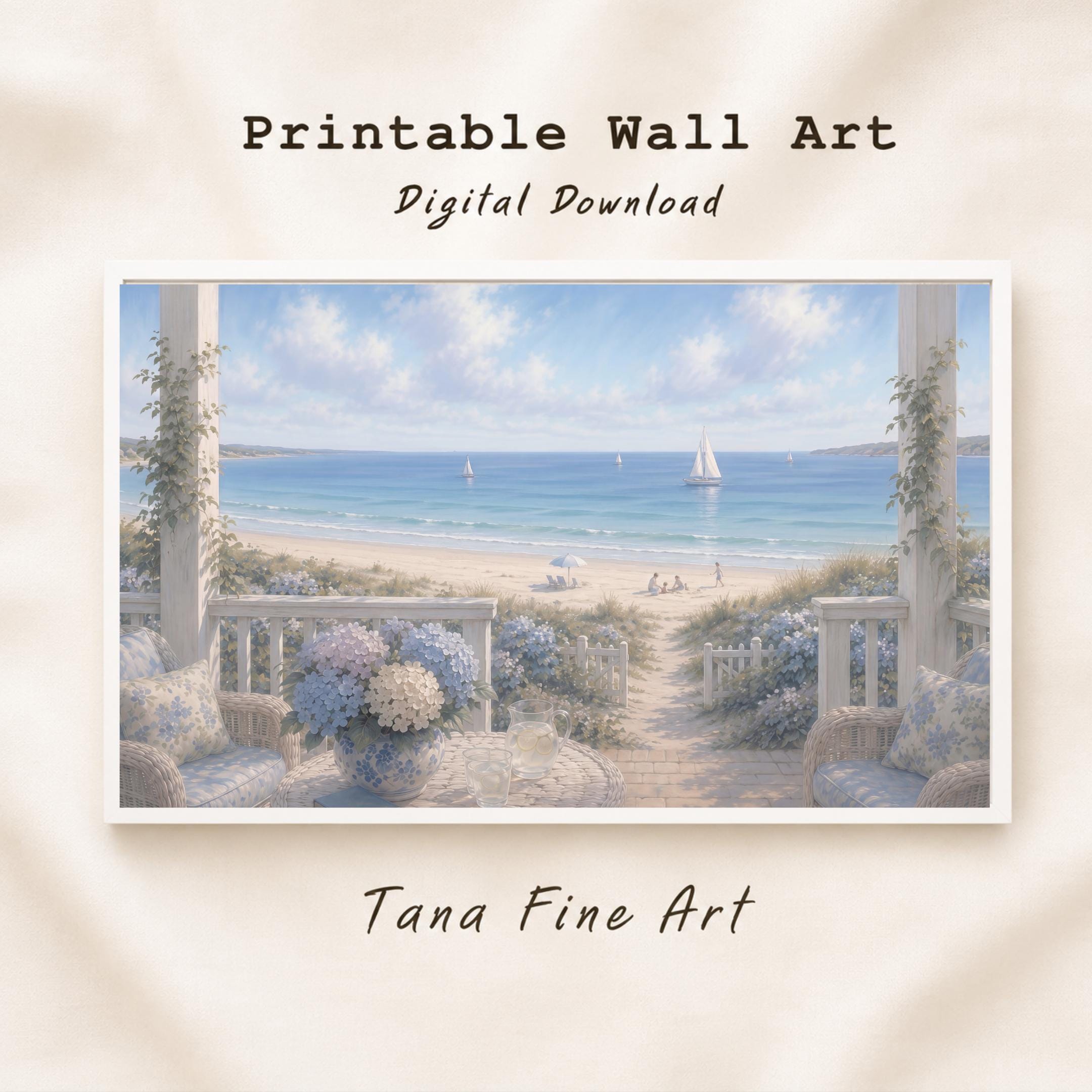 Summer Coastal Hydrangea Porch Printable Wall Art, Beach Cottage Ocean View Decor Digital Download — image 2