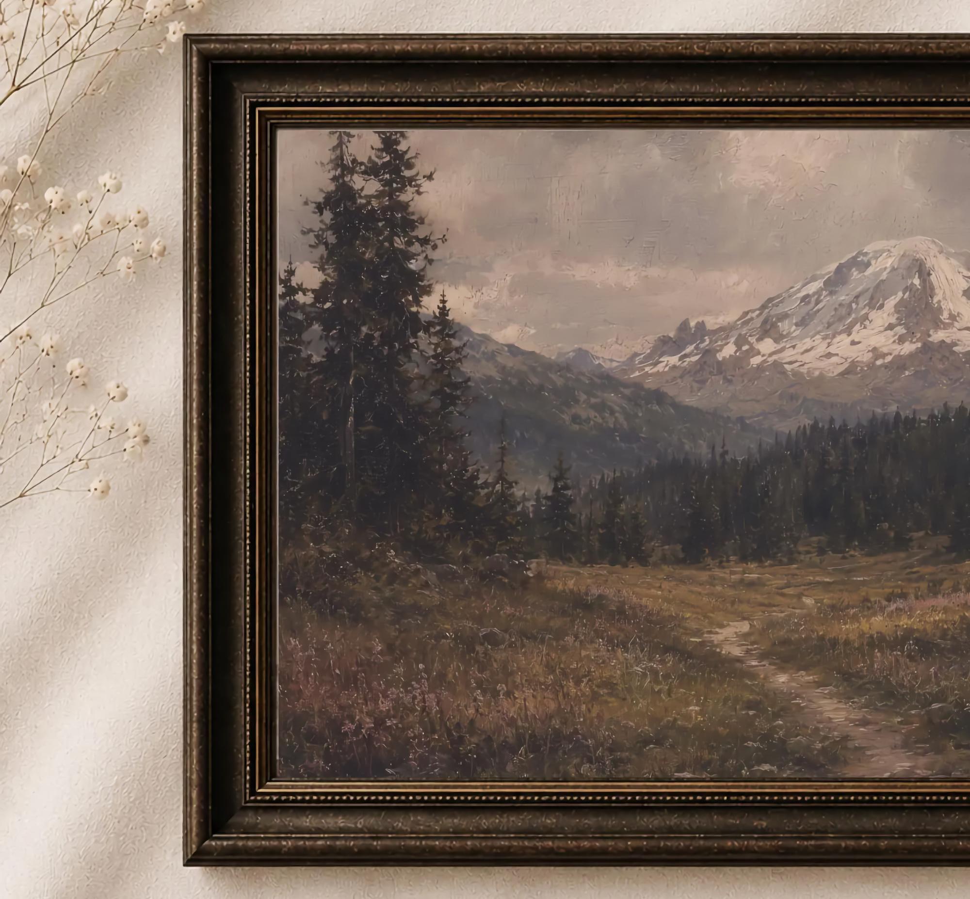 Mountain Landscape Wall Art | Mount Rainier Inspired Print | Moody Vintage Nature Digital Download — image 2