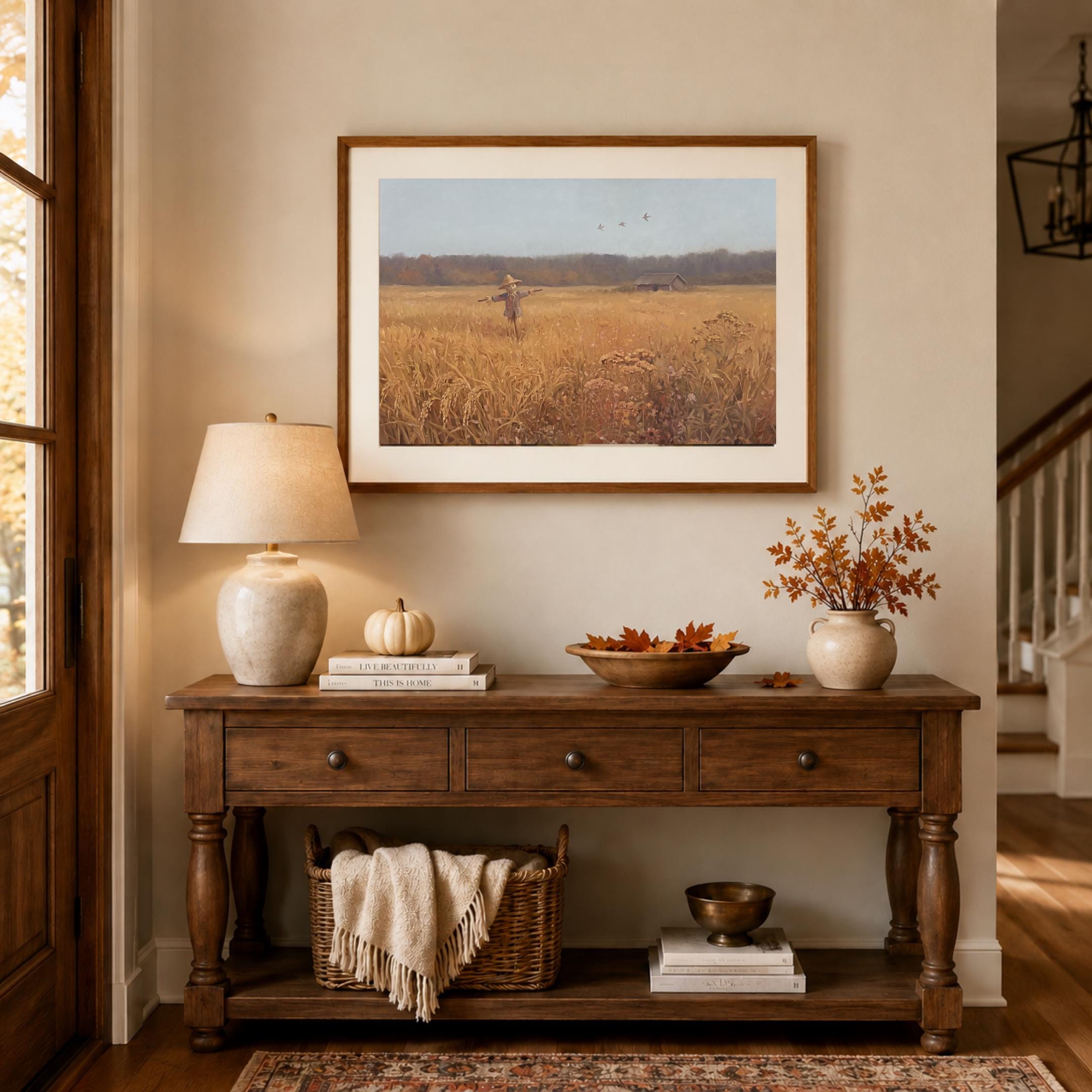 Fall Harvest Field Wall Art, Scarecrow Autumn Landscape Print, Rustic Farmhouse Decor (Digital Download) — image 3