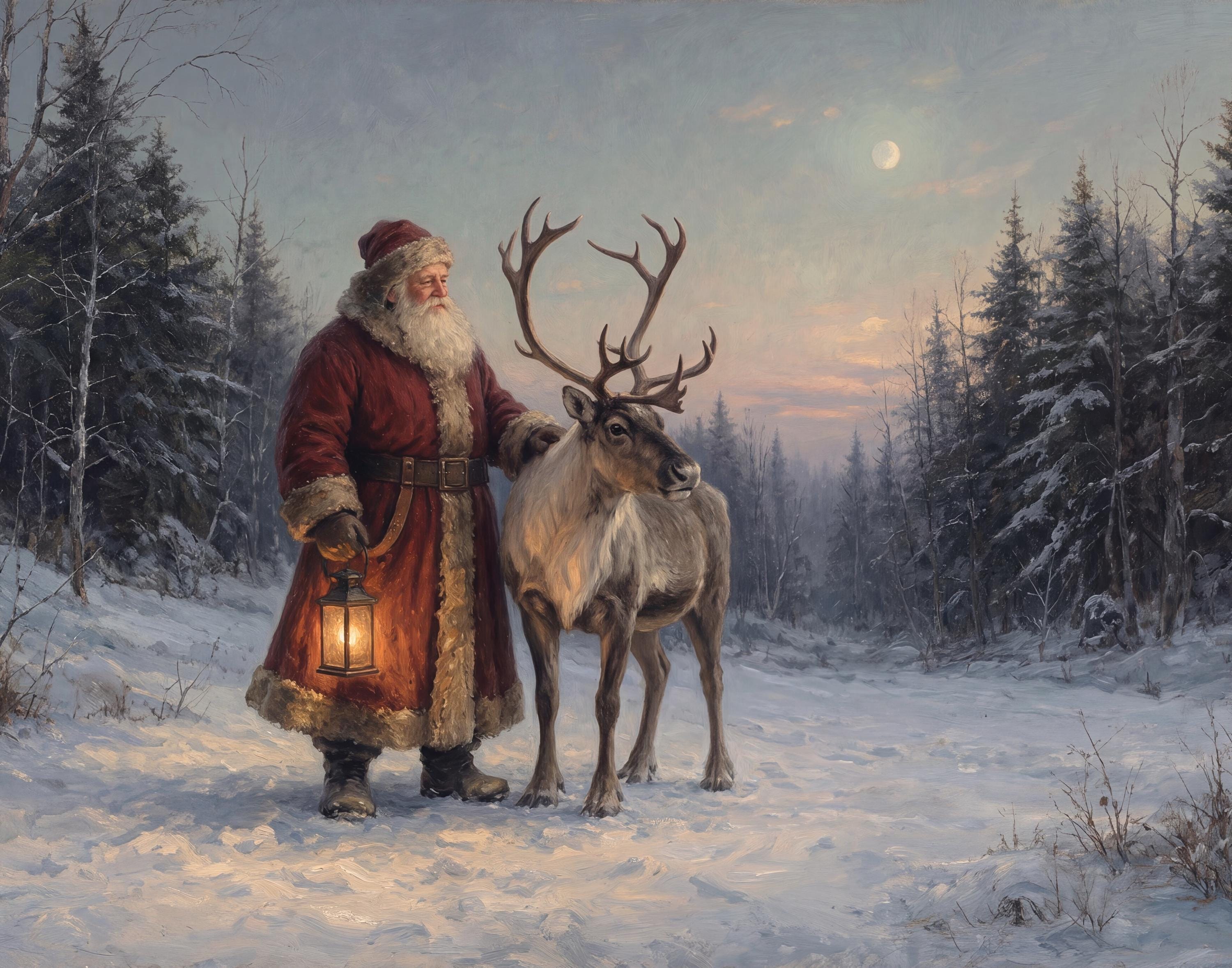 Vintage Santa Wall Art | Santa and Reindeer Christmas Print | Winter Landscape Printable Digital Download — image 4