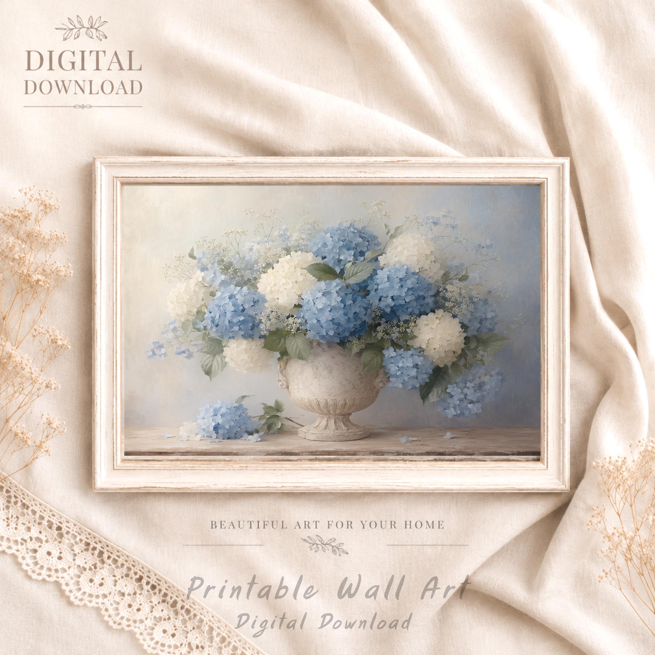 Neutral Floral Prints, Blue Hydrangea Aged French Stone Urn, Floral Vase Print (Digital Download)