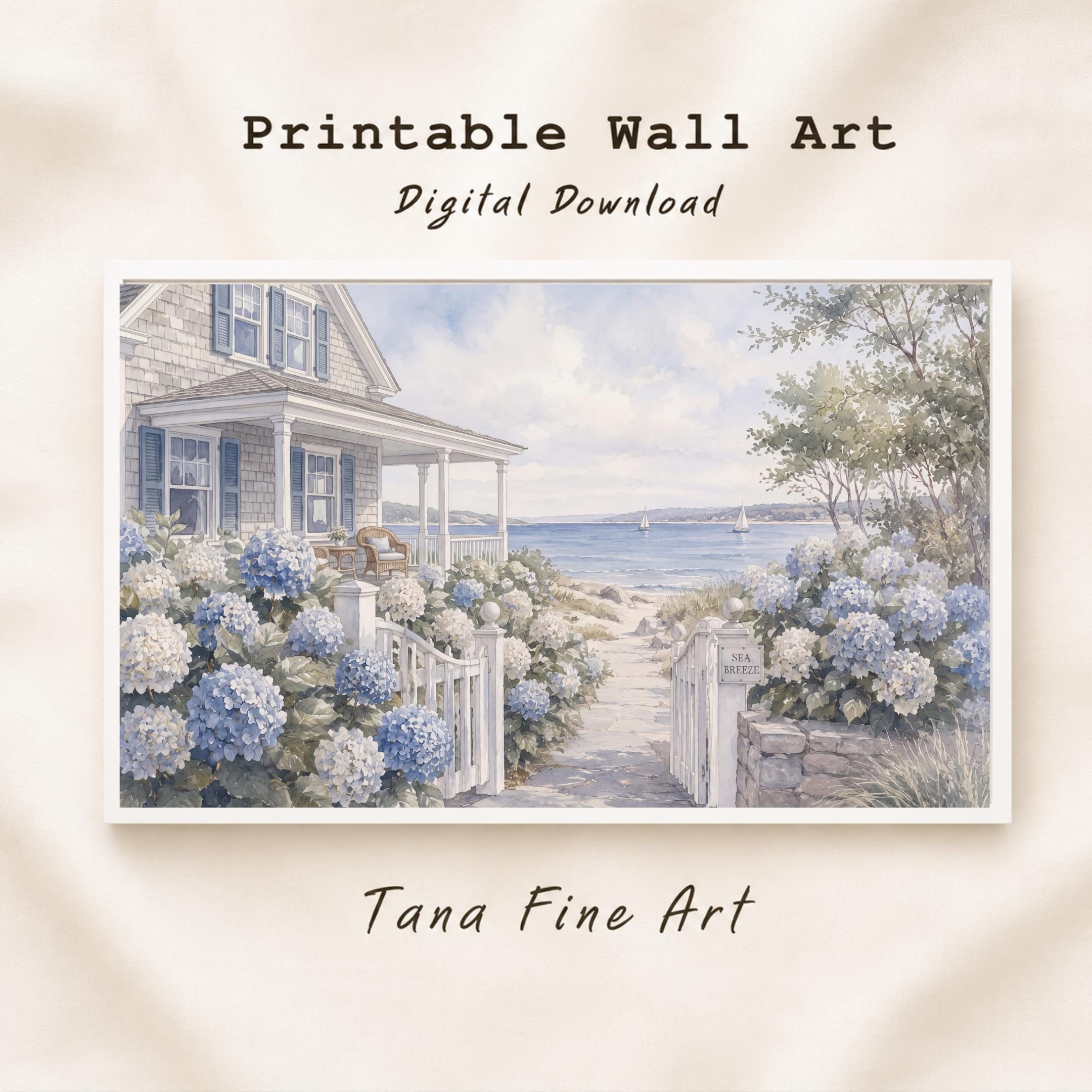 Coastal Beach House Wall Art, Hydrangea Cottage Print, Hamptons Style Seaside Decor (Digital Download)