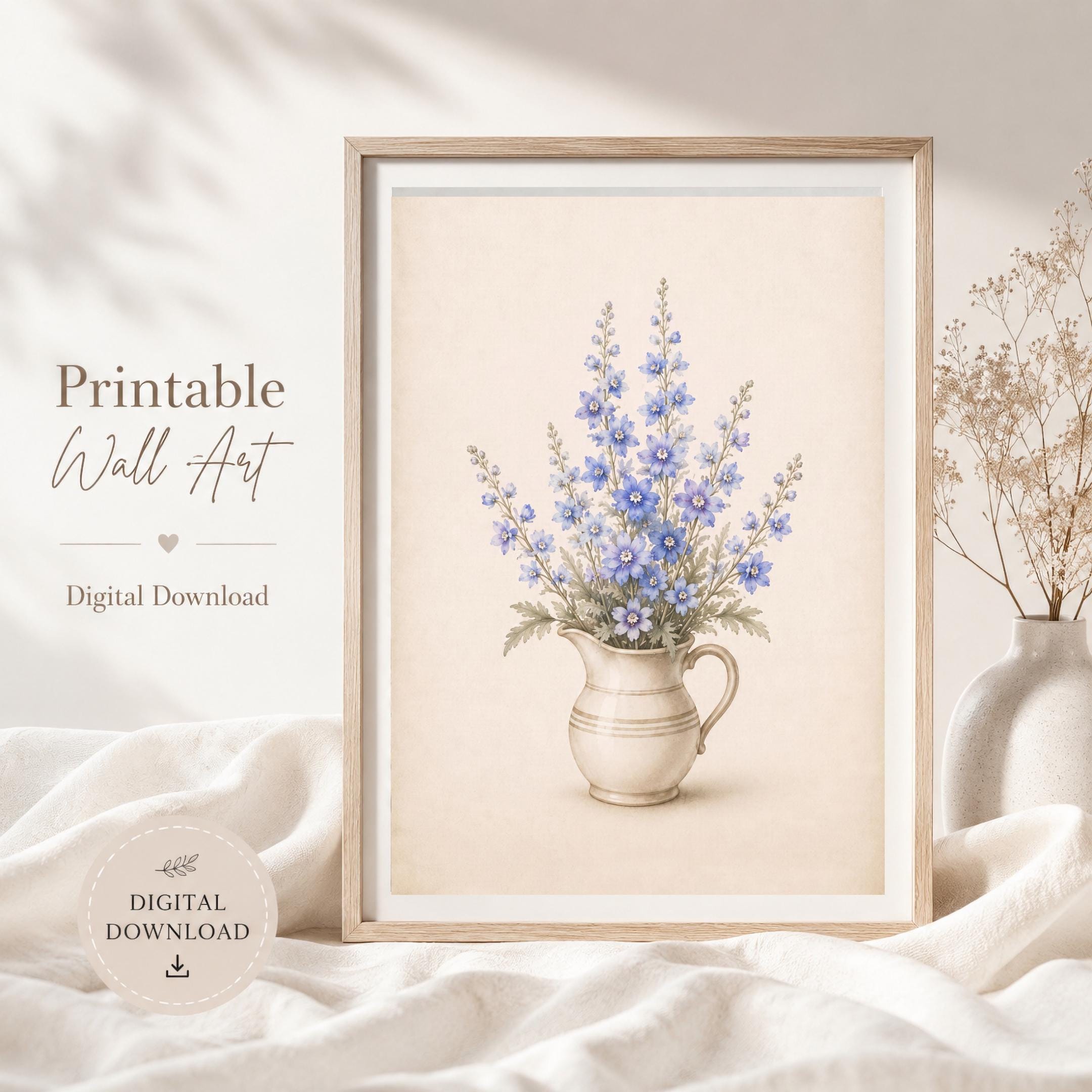 July Birth Flower Art Print | Larkspur Printable Art | Blue Floral Pitcher Digital Download — image 2