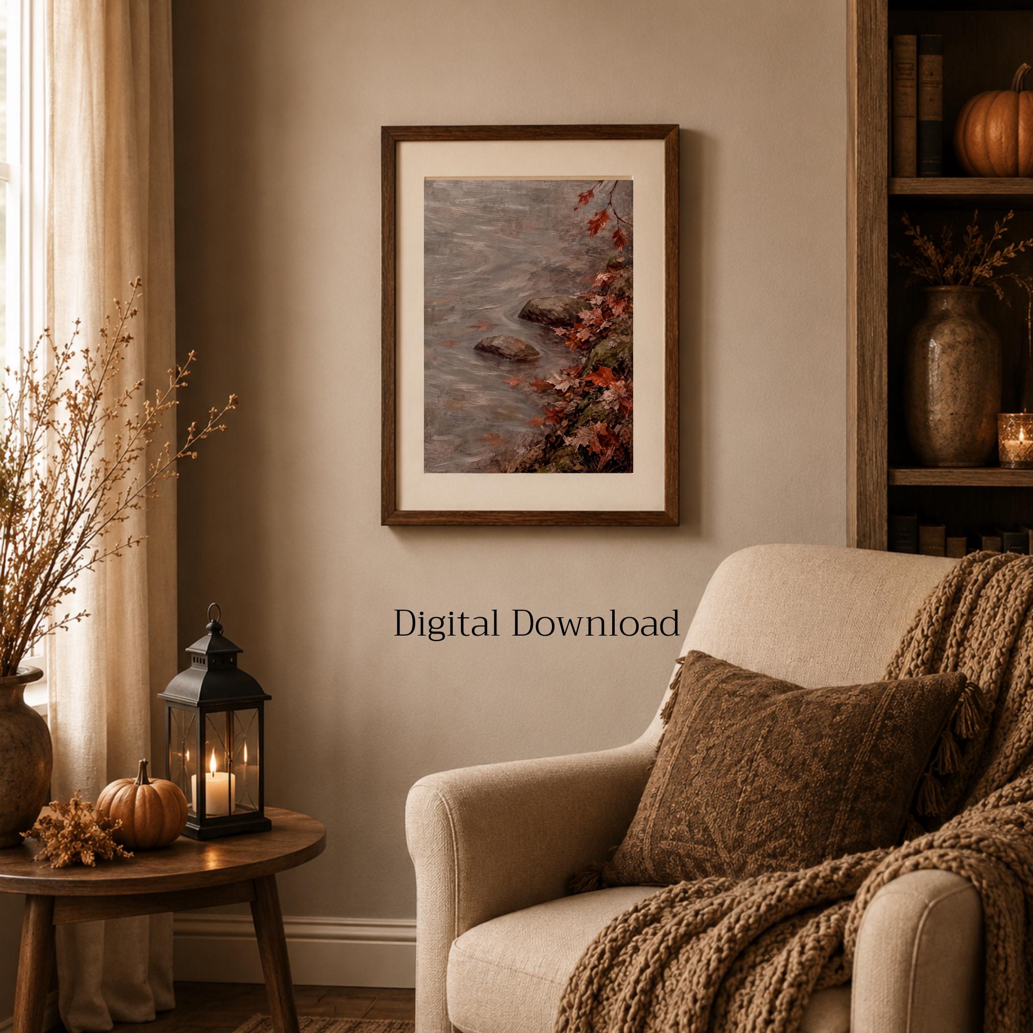 Vintage Autumn Stream Printable Wall Art, Fall Leaves Print, Cottagecore Decor Digital Download — image 5