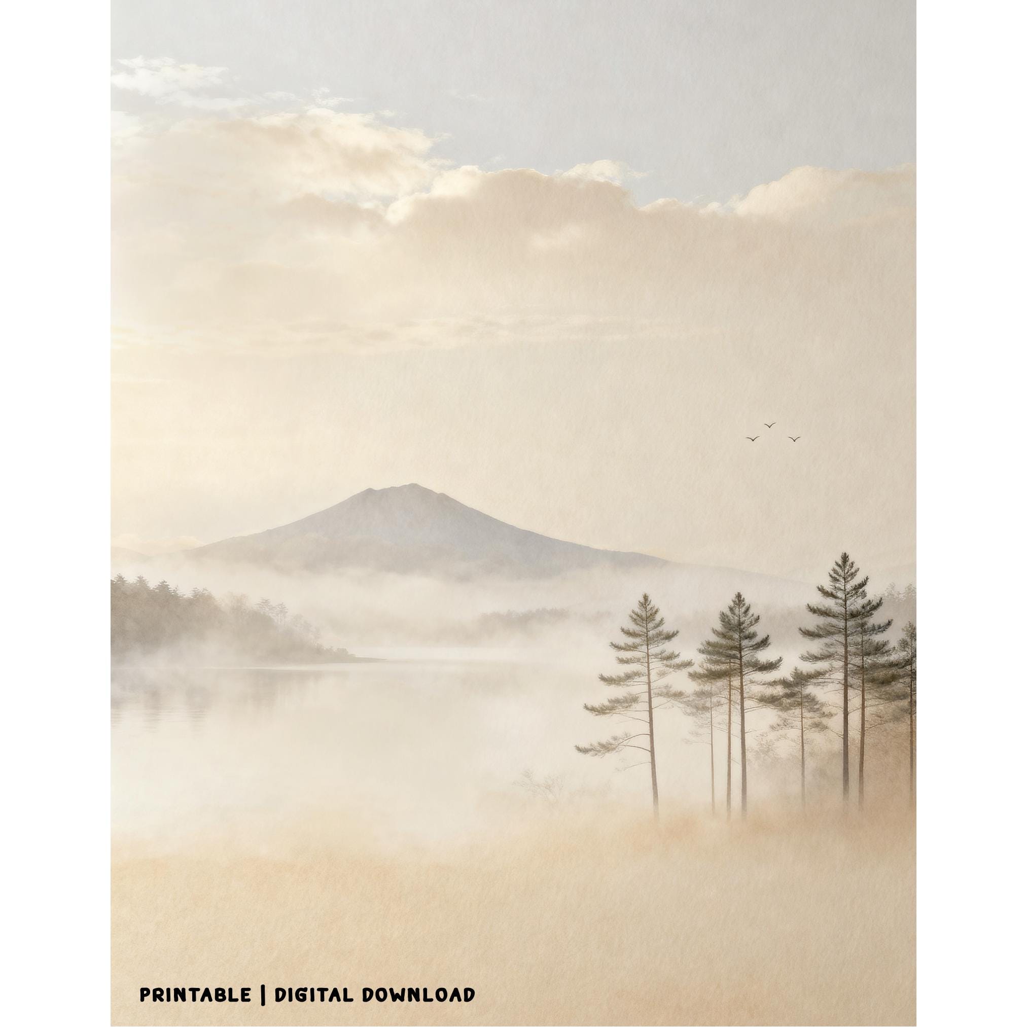 Neutral Mountain Lake Printable Wall Art, Misty Pine Forest, Japandi Decor Digital Download — image 8