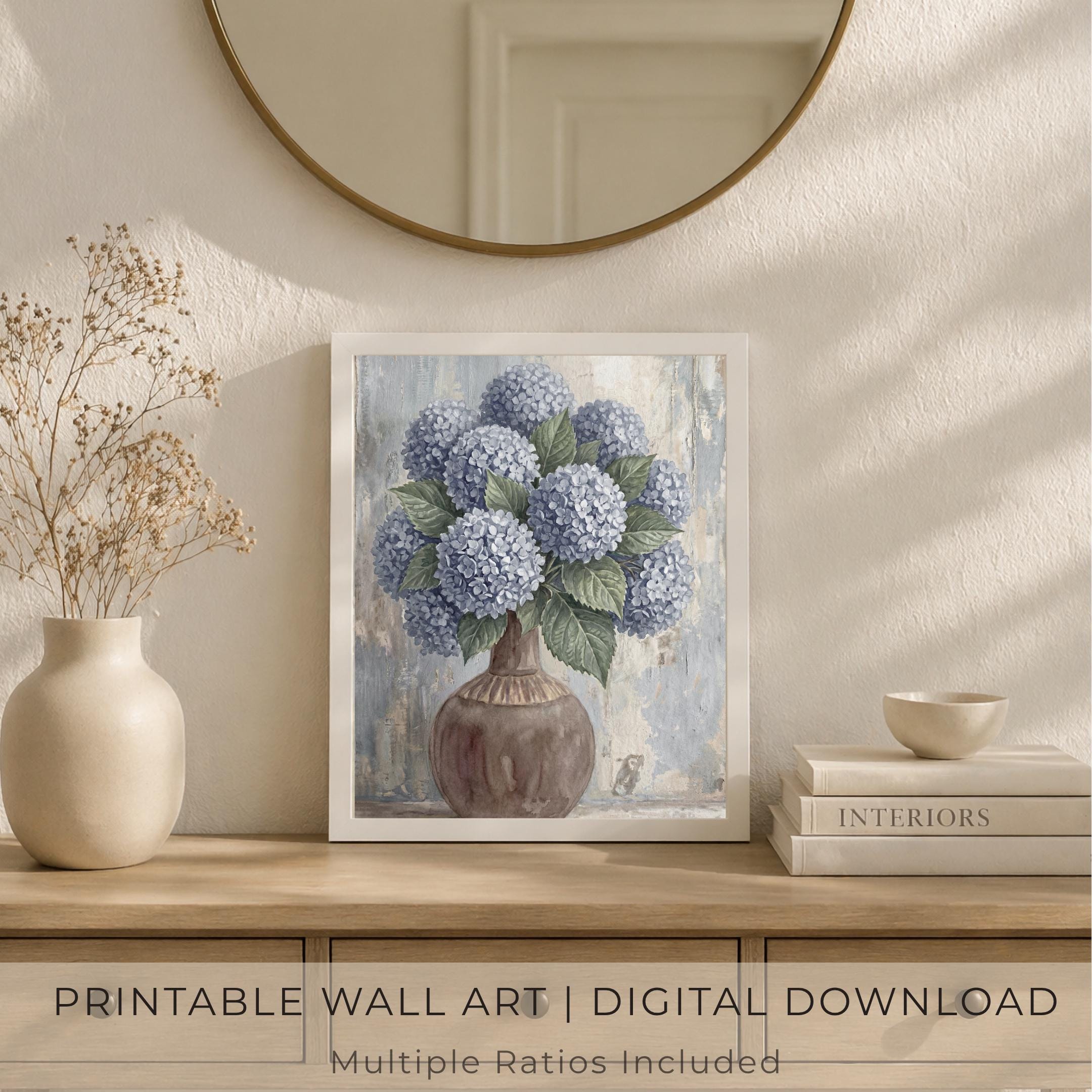 Blue Hydrangea Floral Wall Art Print | Vintage Dusty Blue Botanical Vase (Digital Download) — image 5