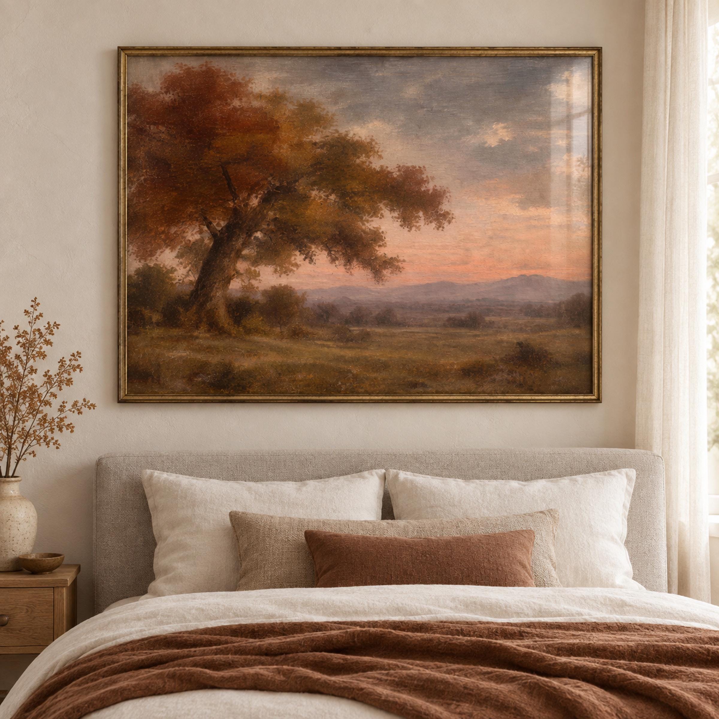 Vintage Autumn Tree Wall Art, Sunset Countryside Landscape, Warm Earthy Rustic Farmhouse, Digital Download — image 3