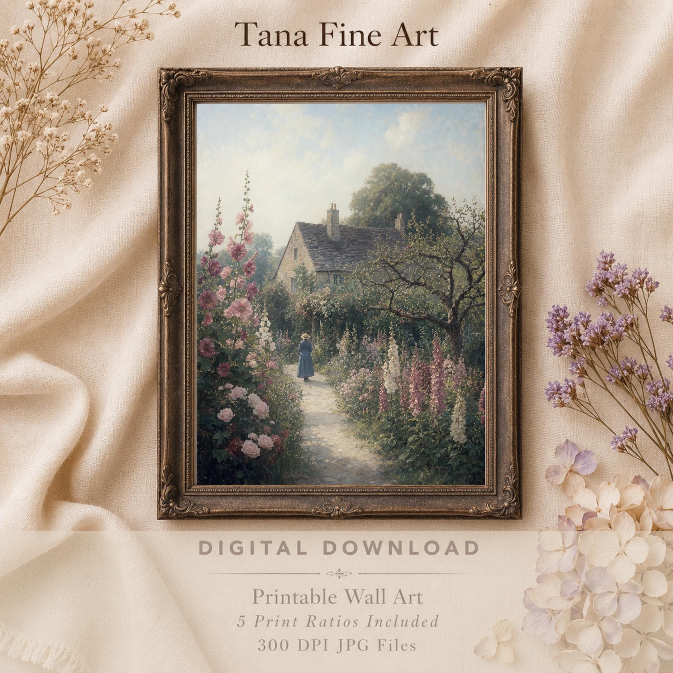 Vintage Woman Walking Cottage Garden Wall Art | English Flower Garden Print | Printable Digital Download