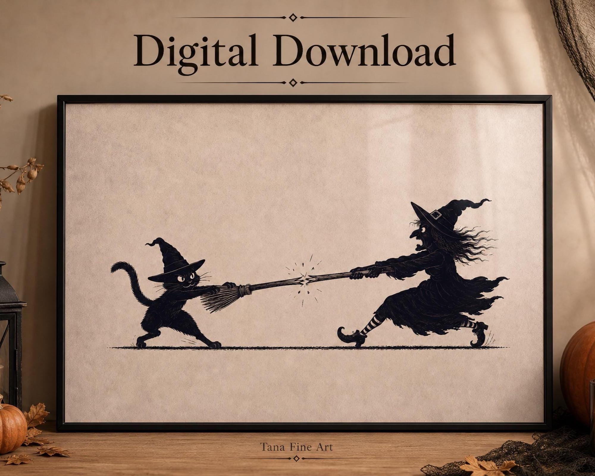 Funny Halloween Silhouette Wall Art, Black Cat Witch Printable, Vintage Witchy Decor, Digital Download