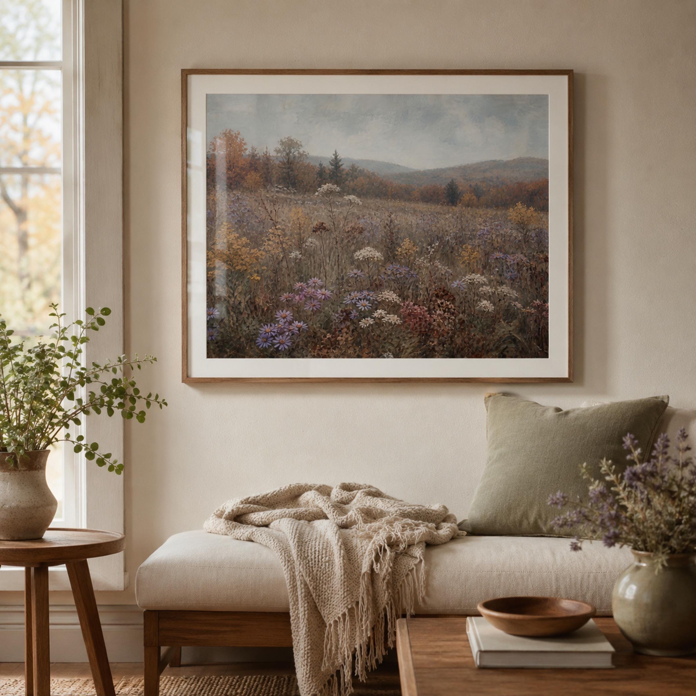 Fall Meadow Wall Art | Wildflower Landscape Print | Vintage Landscape Digital Download — image 3