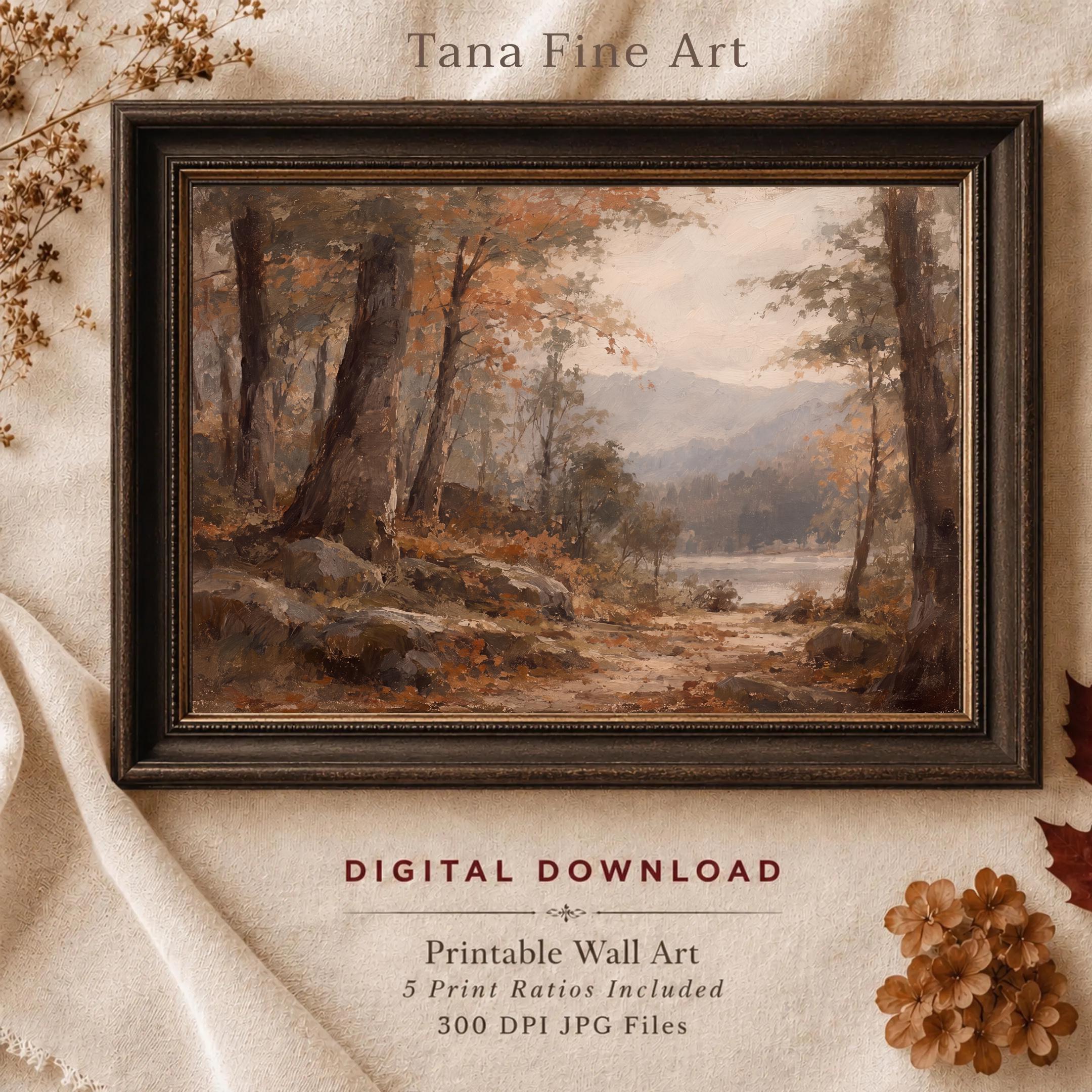 Vintage Autumn Forest Printable Wall Art, Rustic Landscape, Cottagecore Fall Decor Digital Download