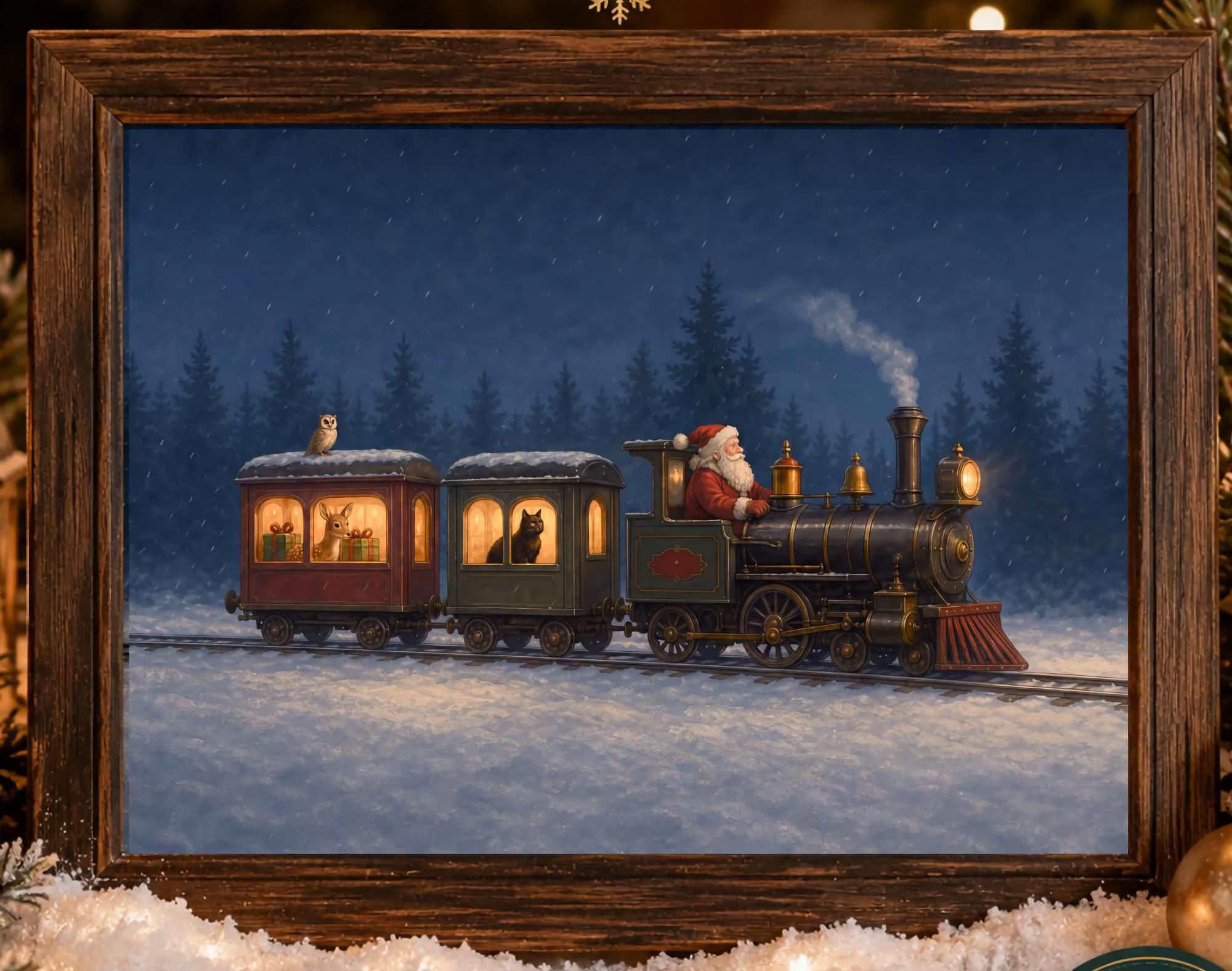 Vintage Santa Christmas Train Printable Wall Art, Snowy Woodland Digital Download — image 2