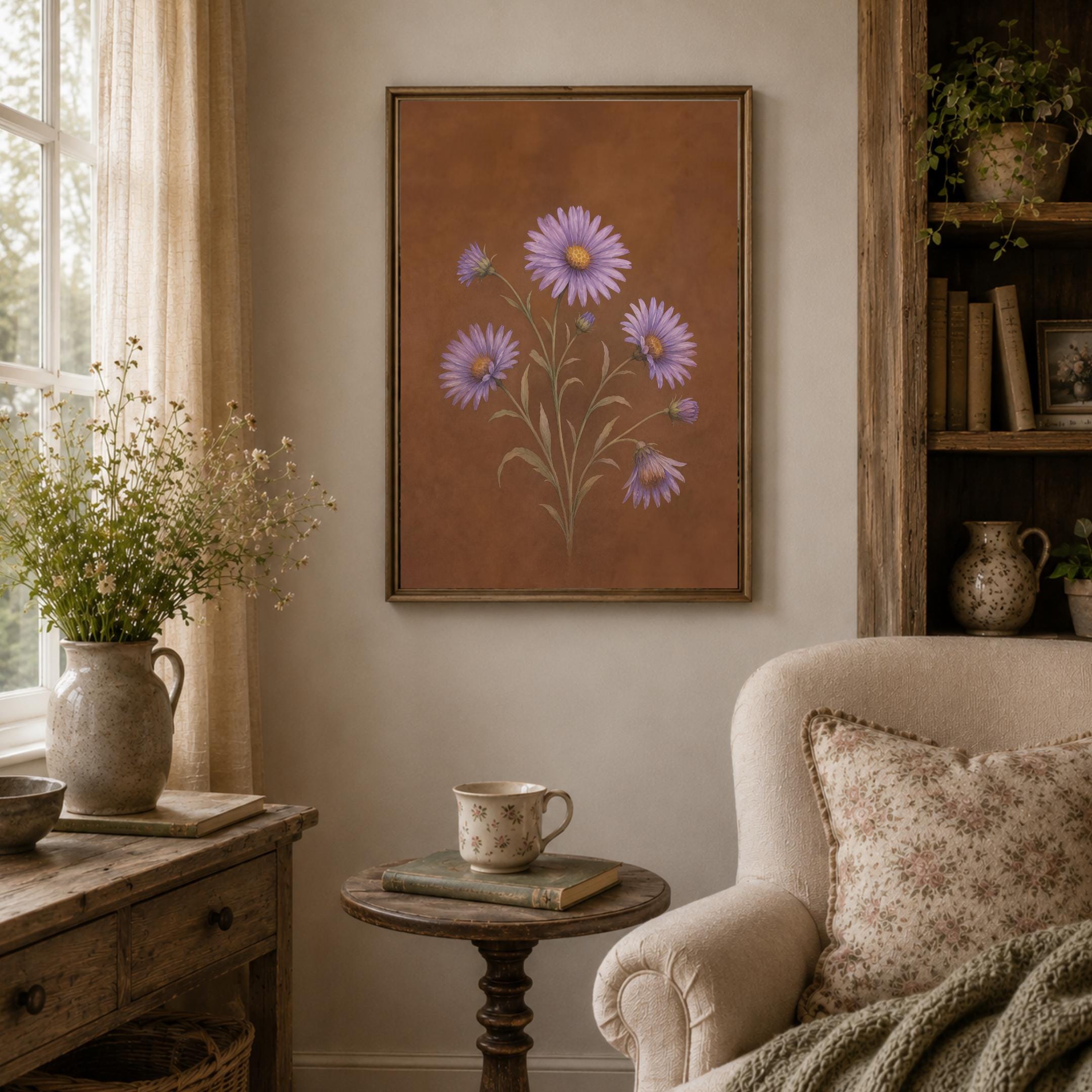 Moody September Birth Flower Print | Aster Wall Art | Vintage Botanical Digital Download — image 6