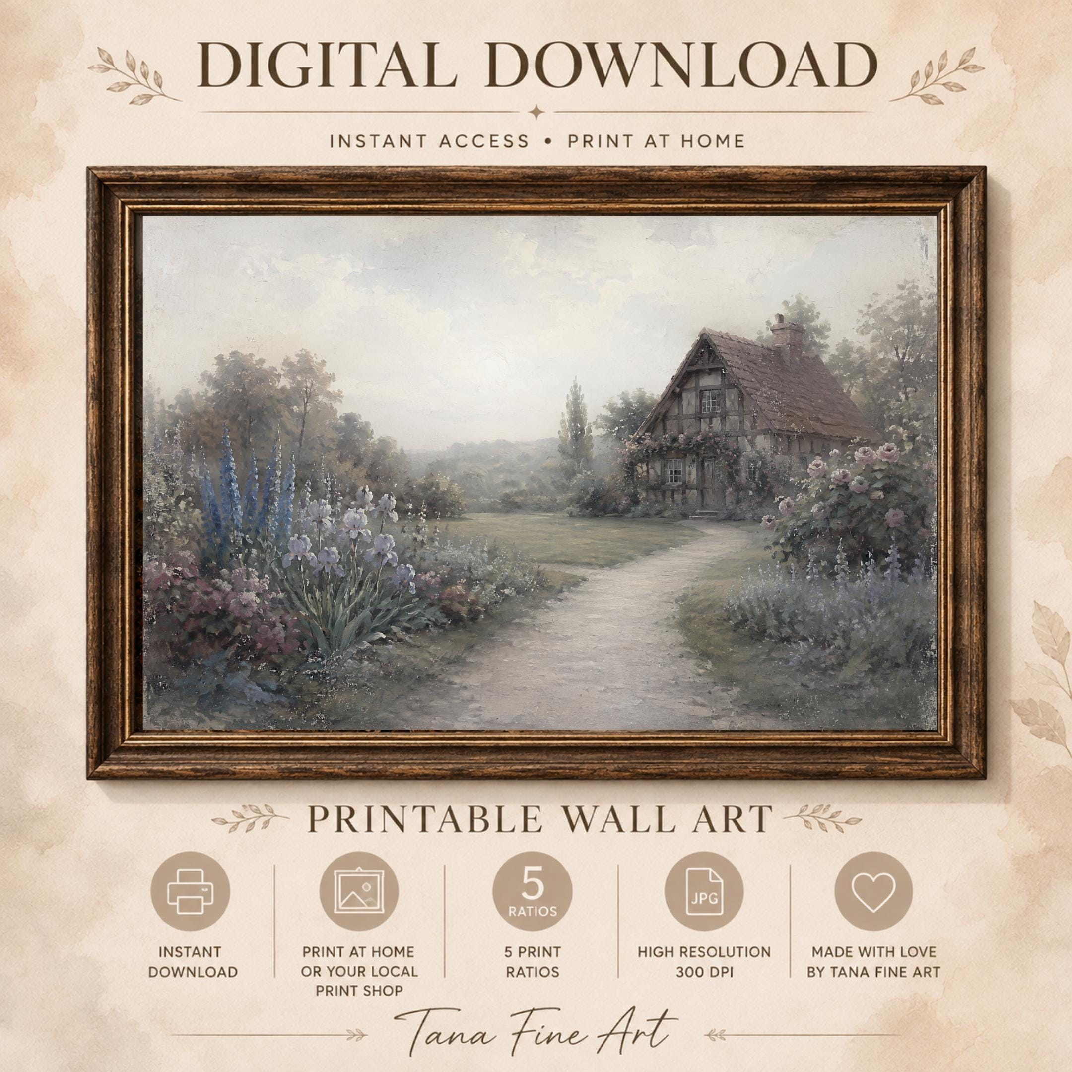 German Cottage Garden Printable Wall Art, Vintage Floral Path Landscape, Romantic European Digital Download — image 9