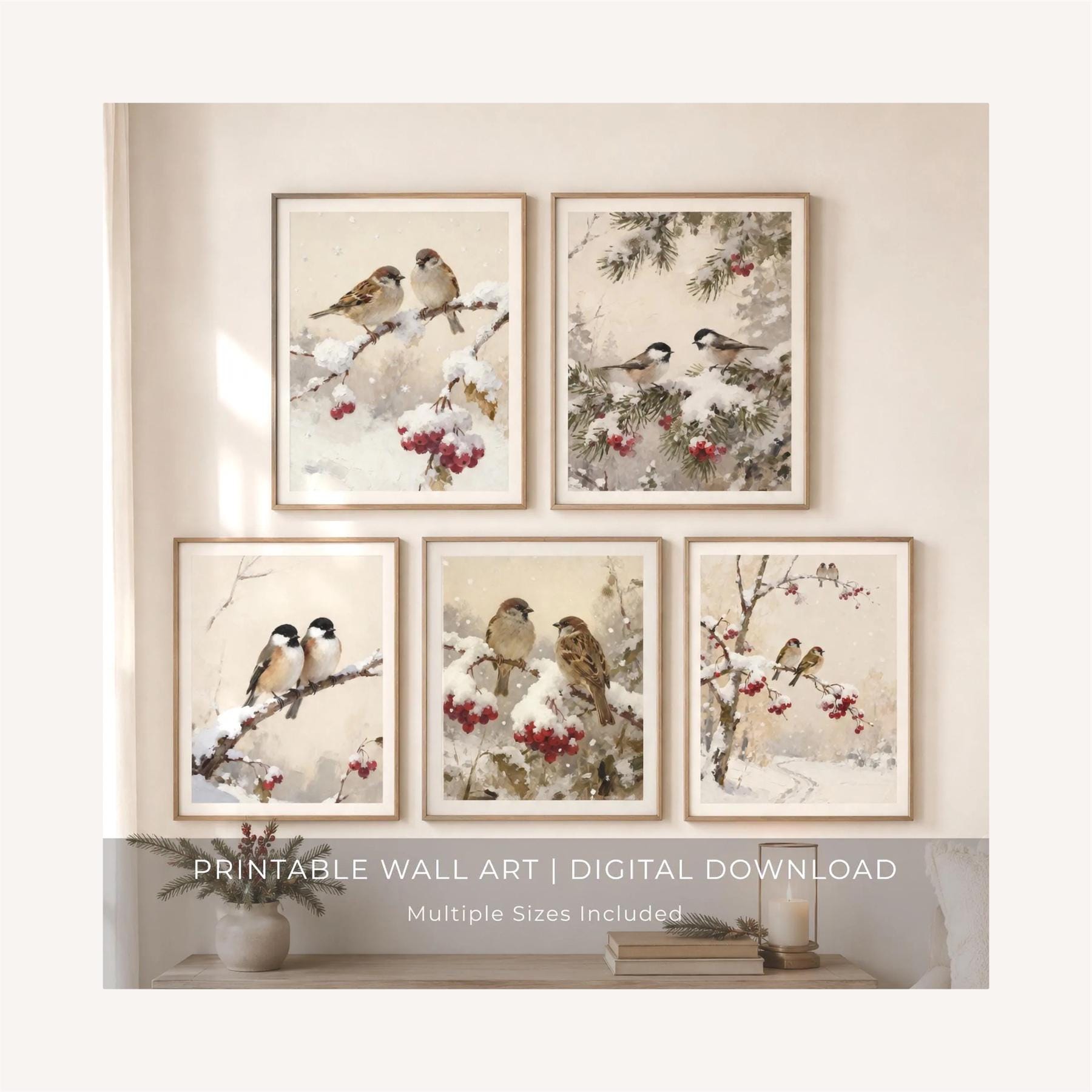 Snowy Birds & Berry Branches — Set of 5