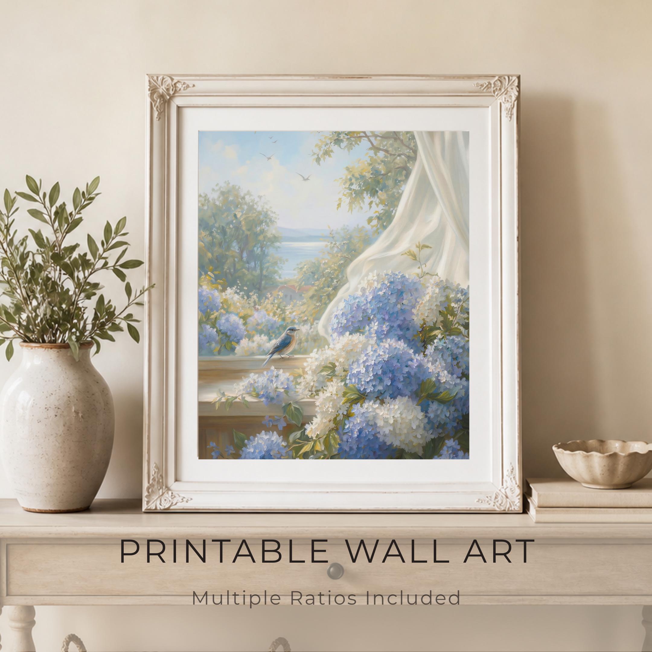 Blue Hydrangea Garden Wall Art | Summer Coastal Cottage Floral Print with Bird (Digital Download) — image 7