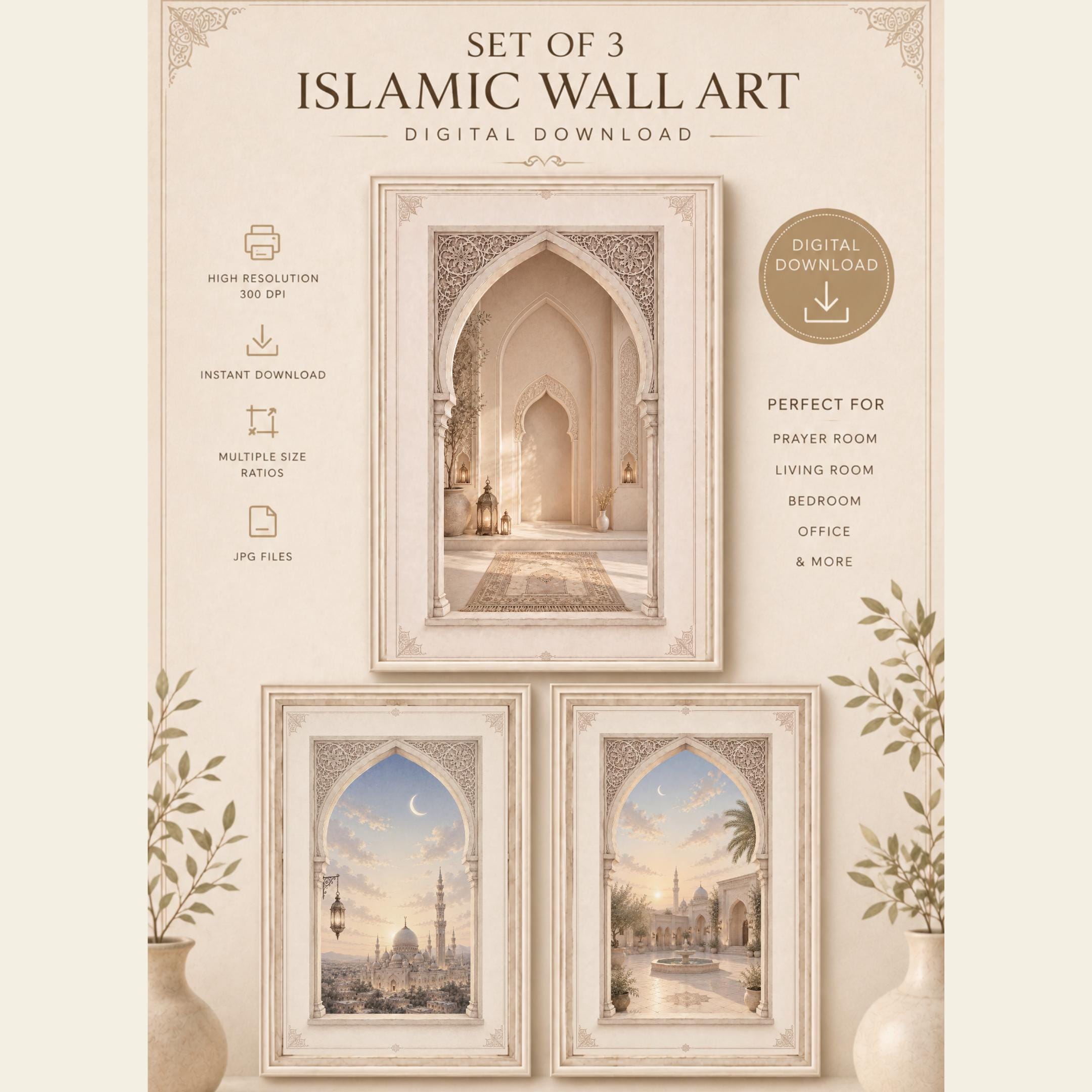 Islamic Wall Art Set of 3, Neutral Prayer Room Decor, Mosque Arch (Digital Download)