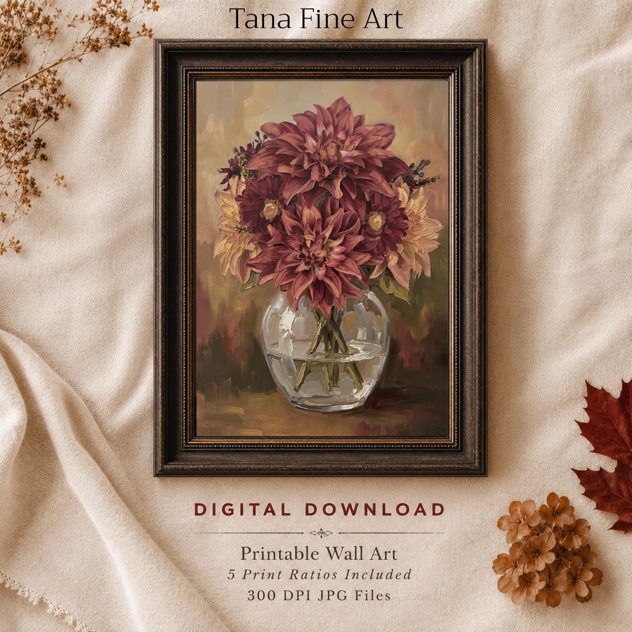 Burgundy Dahlia Vase Printable Wall Art, Moody Autumn Floral Rustic Home Decor Digital Download