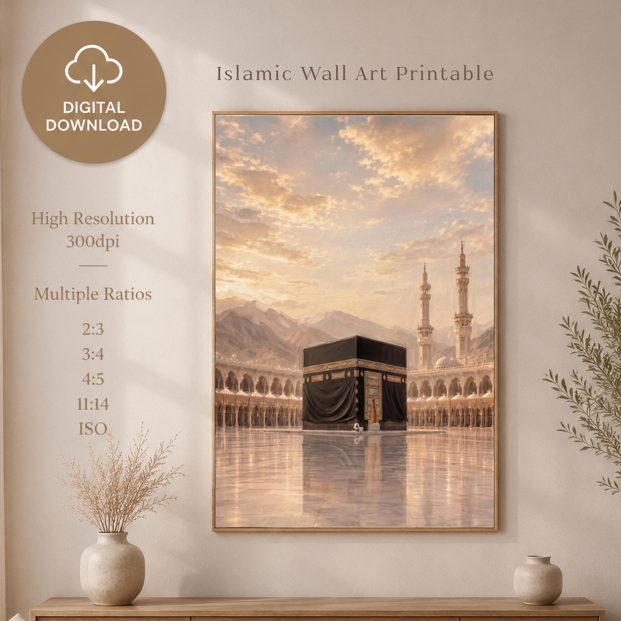 Kaaba Art Printable, Muslim Wall Decor, Golden Makkah, Islamic Prayer Room Decor (Digital Download)