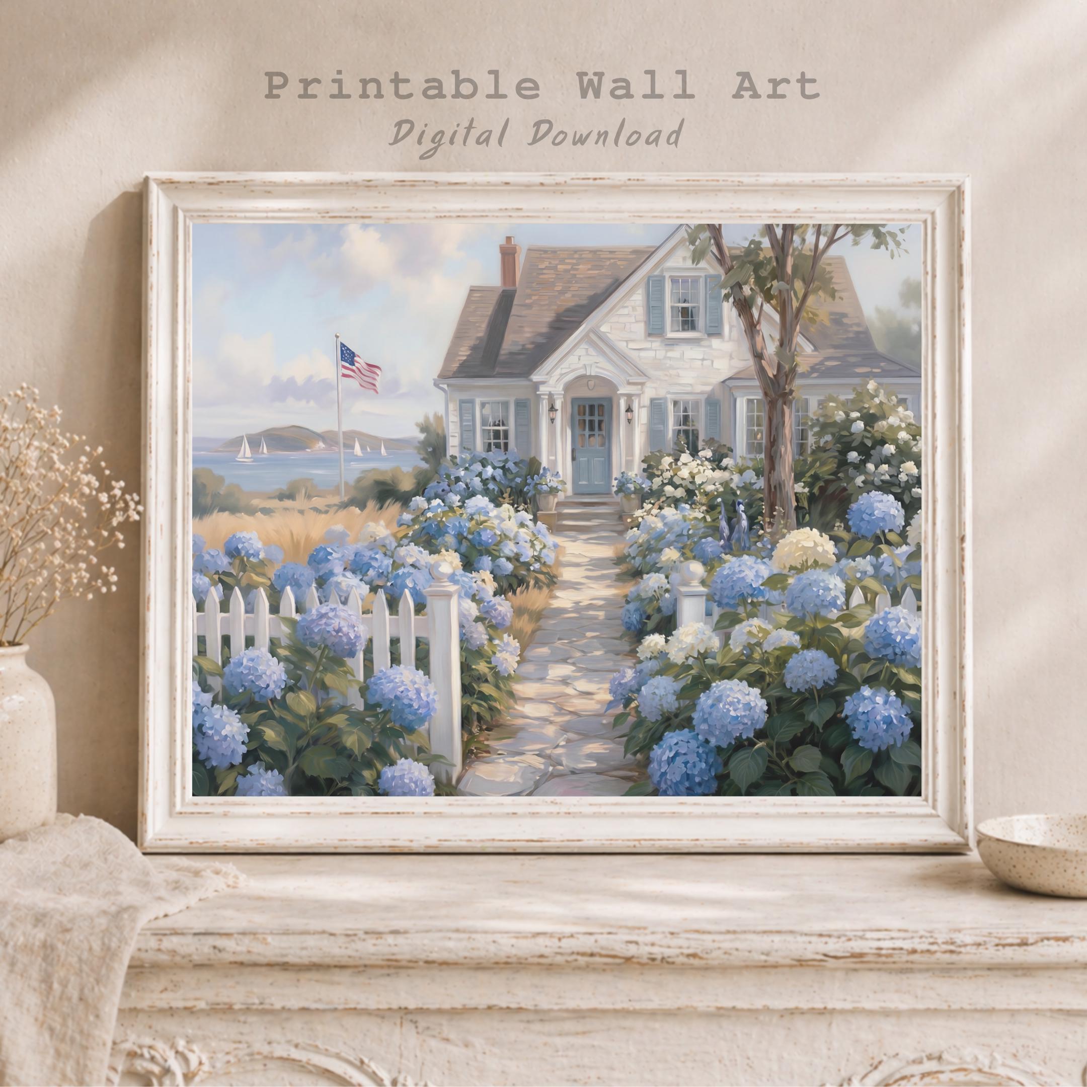 Patriotic Coastal Hydrangea Cottage Printable Wall Art, American Flag Beach Home Decor Digital Download — image 8