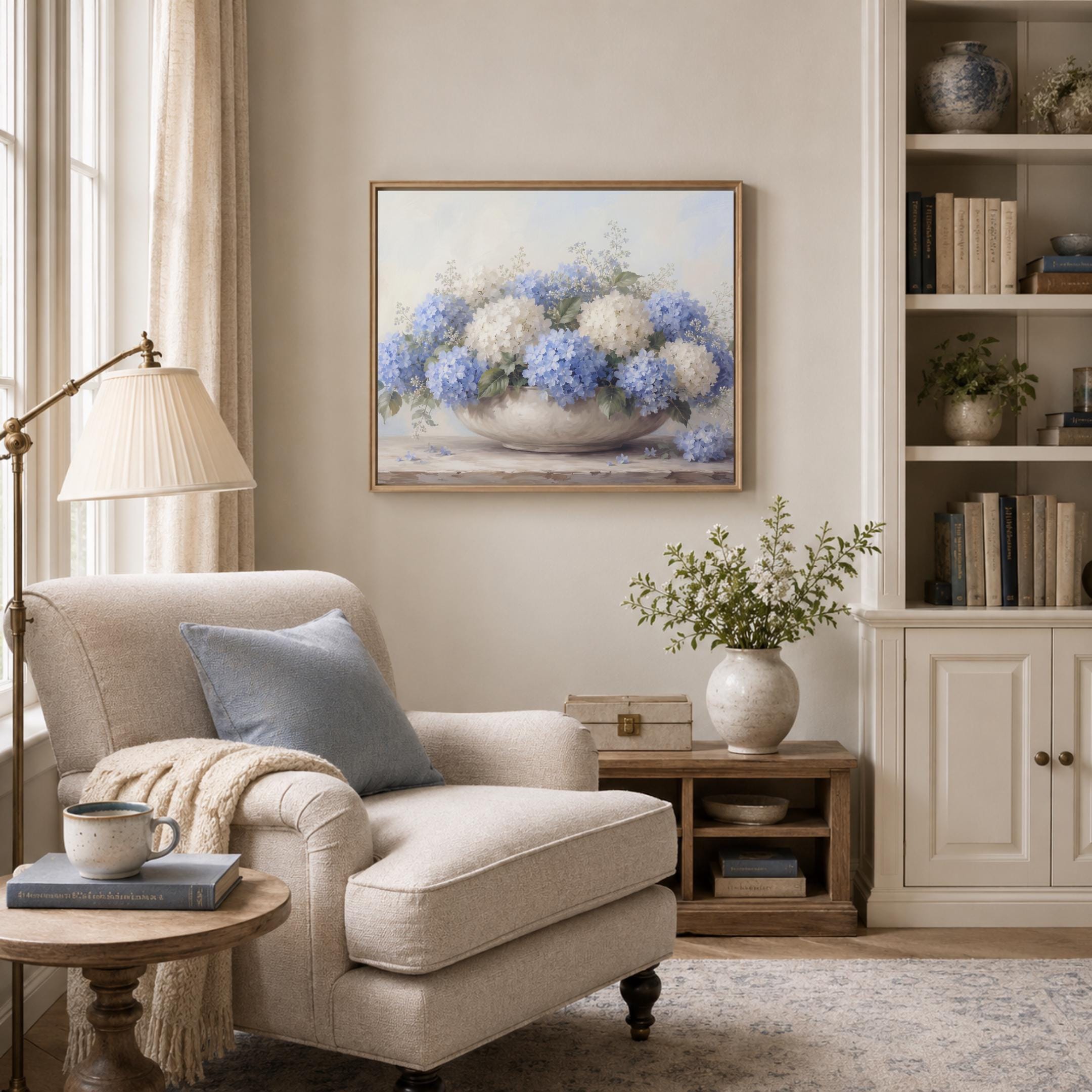 Blue Hydrangea Wall Art, Coastal Summer Neutral Floral Prints in Low Bowl (Digital Download) — image 5