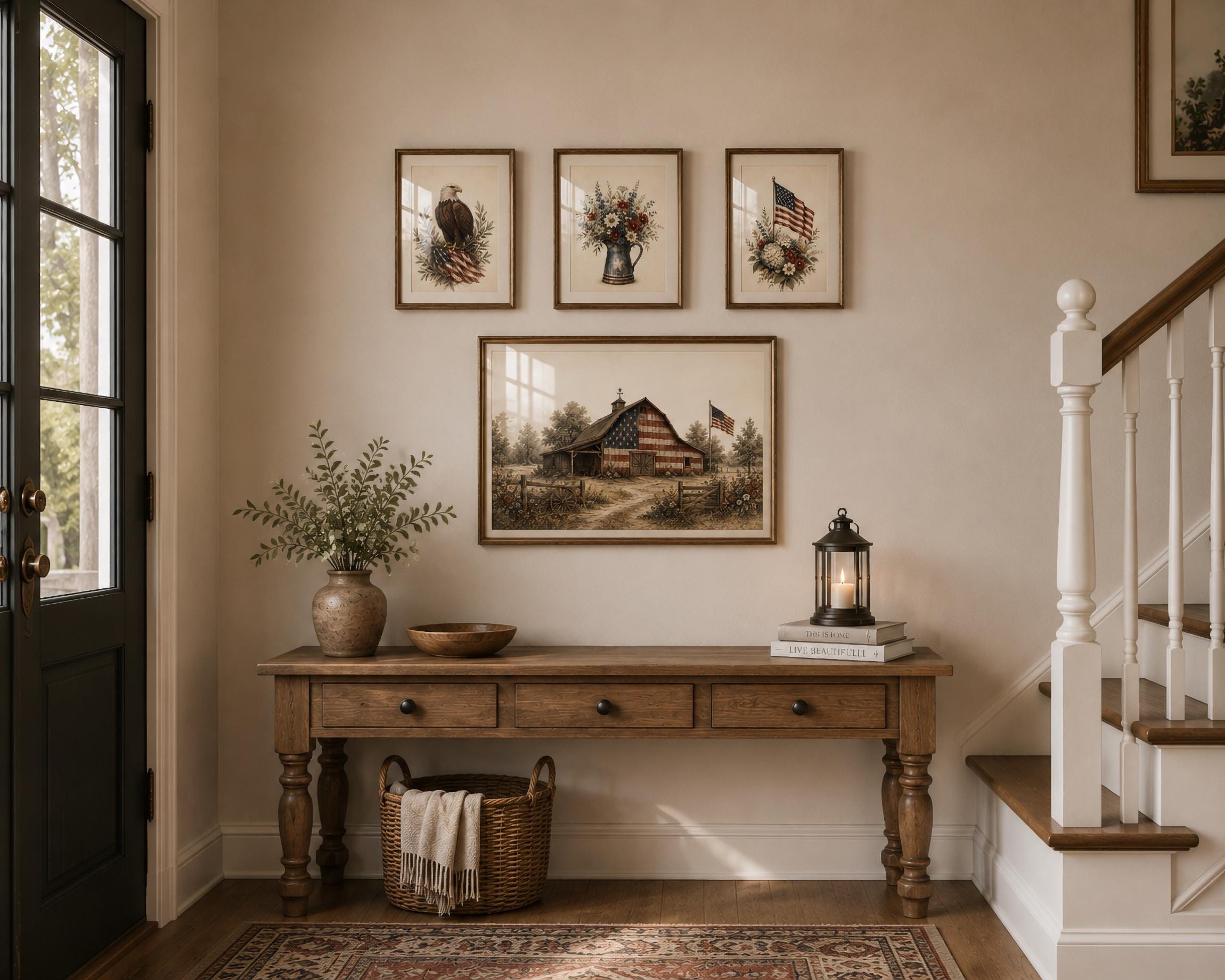 Vintage Patriotic Wall Art Set, Eagle, Flag, Floral Barn Prints (Digital Download) — image 3