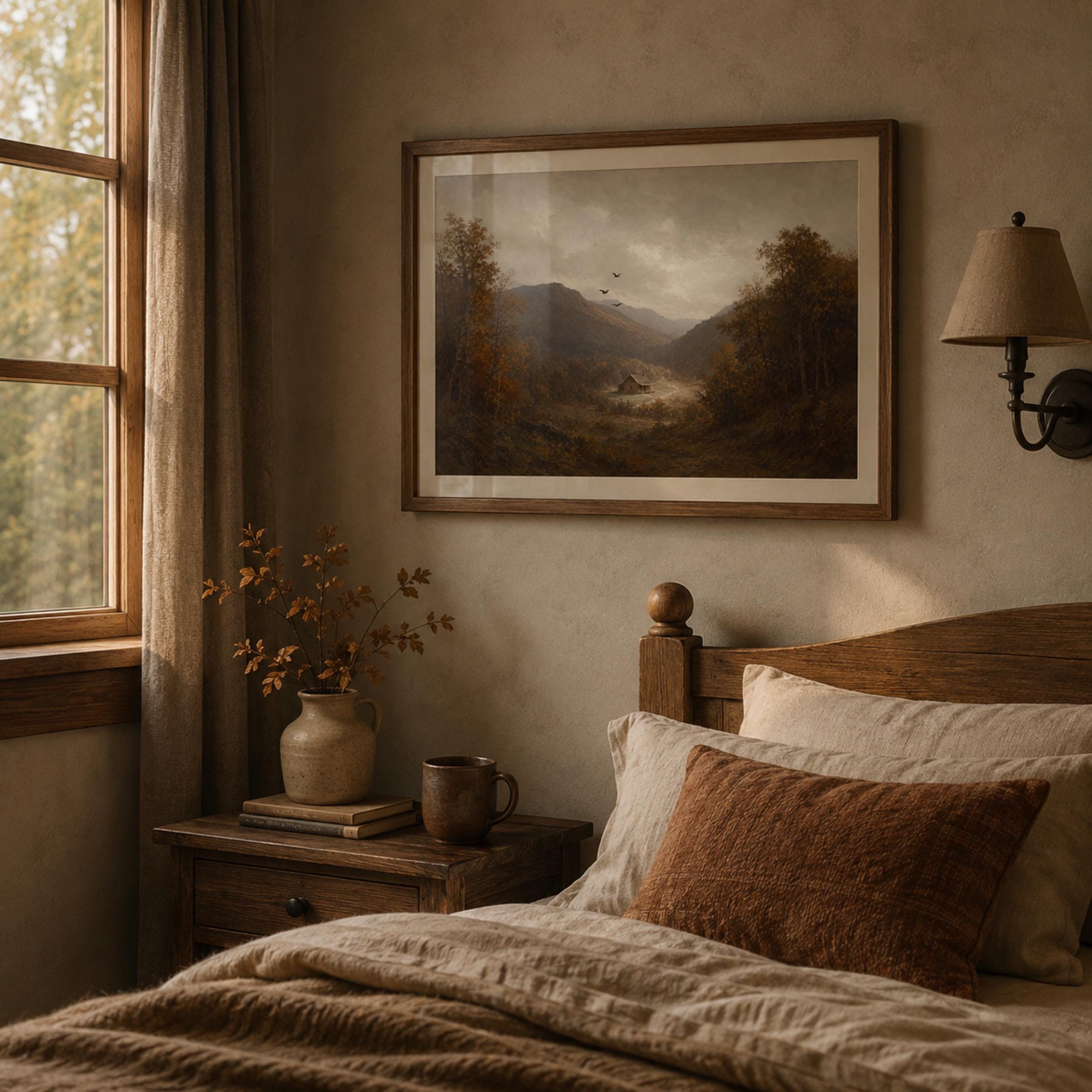 Moody Fall Mountain Cabin Printable Wall Art, Vintage Autumn Landscape Digital Download — image 3