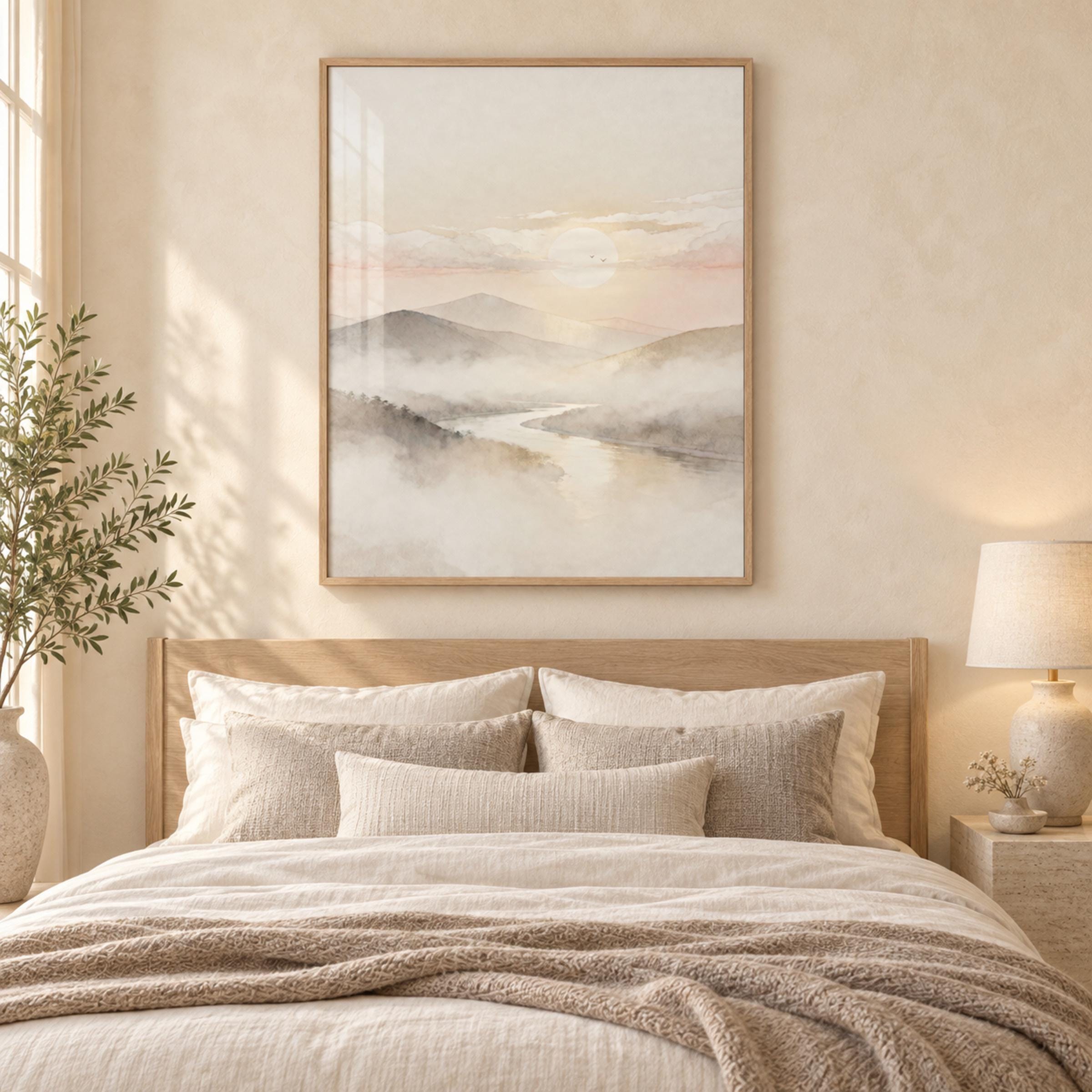 Neutral Mountain River Printable Wall Art, Misty Watercolor Landscape, Japandi Decor Digital Download — image 5