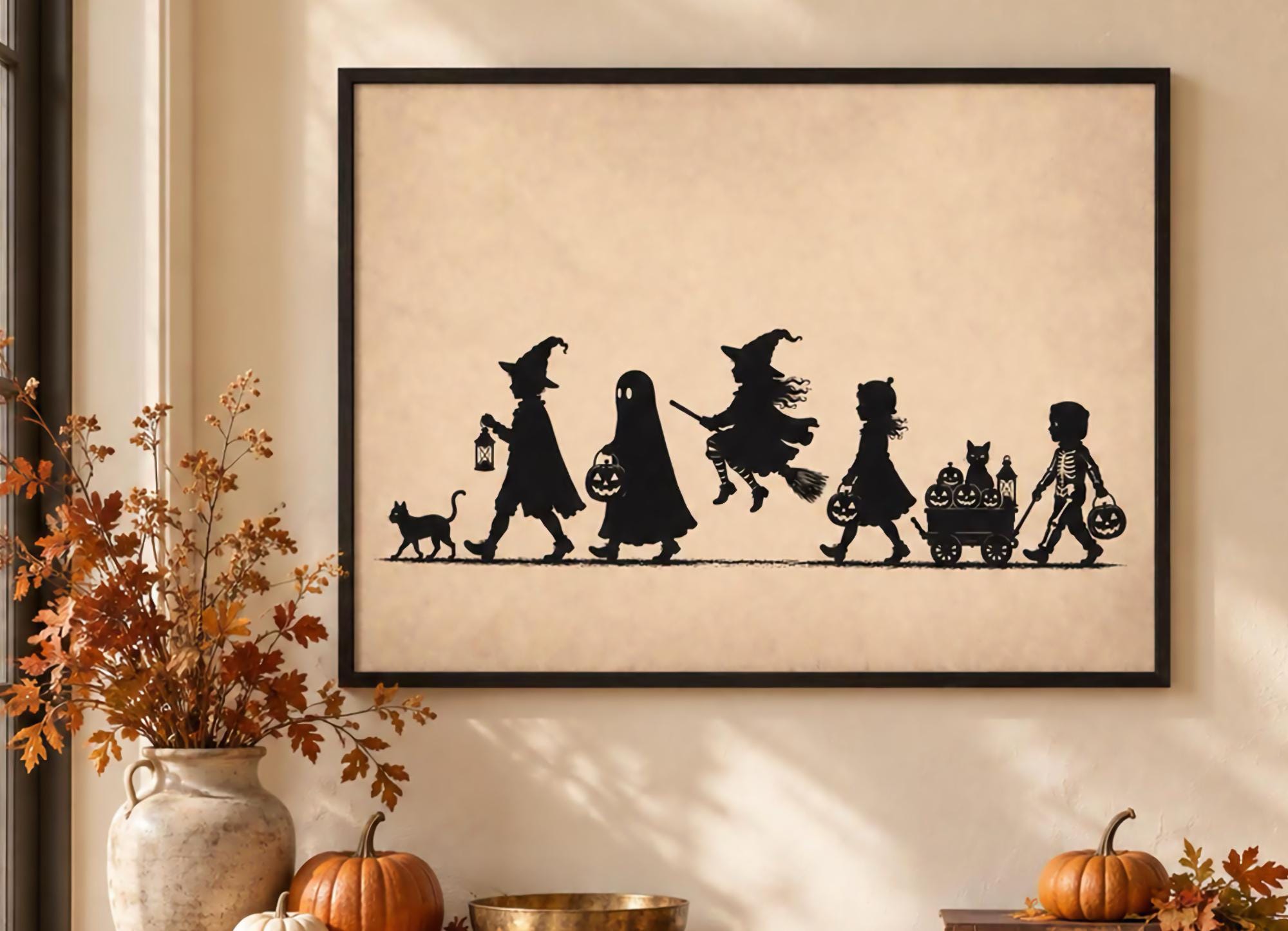 Halloween Trick or Treat Wall Art, Silhouette Print, Vintage Kids Halloween Digital Download — image 2